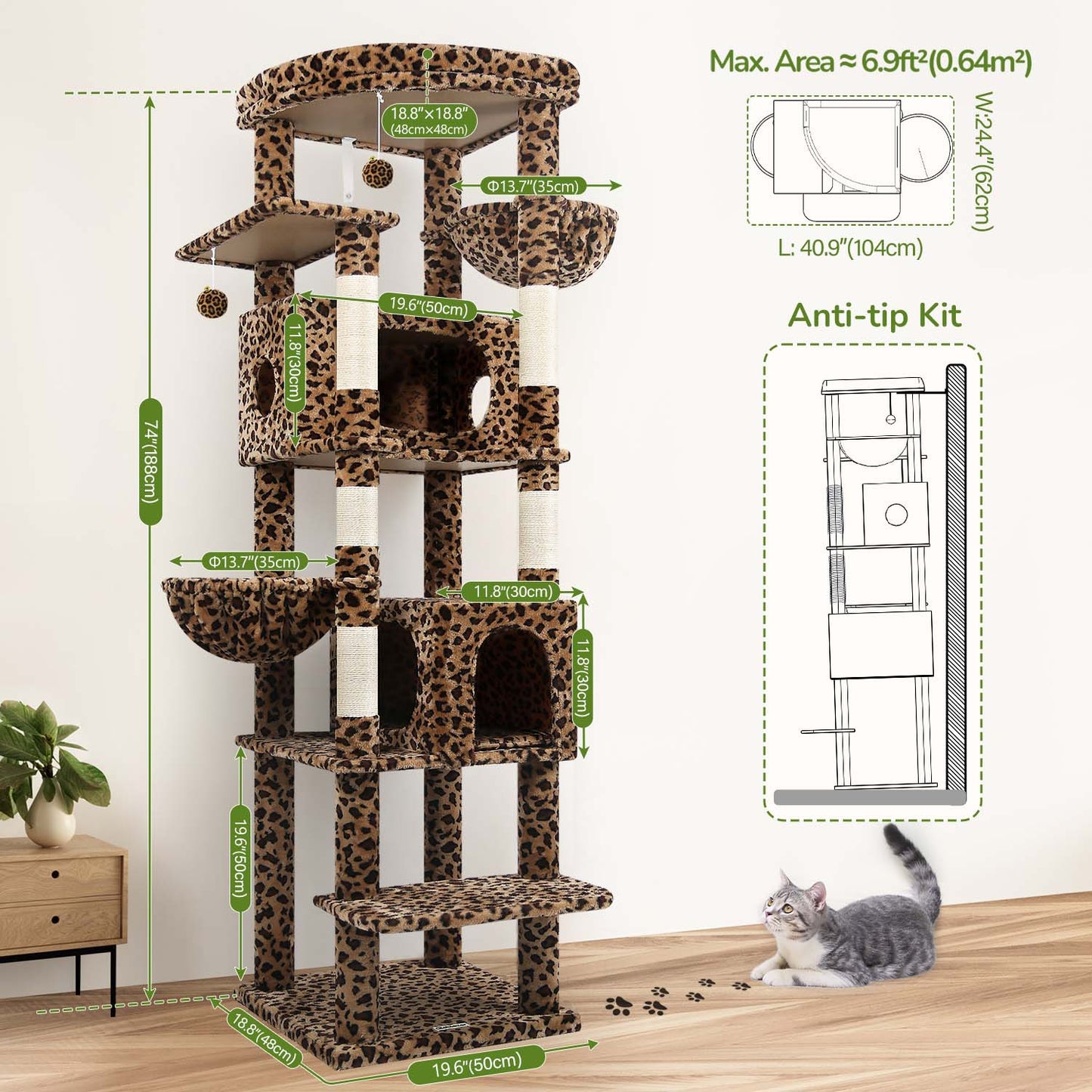 Globlazer S74 Heavy Duty Cat Tree, 74inch Sturdy Cat Tower for Large Cats Adult, Big Cat Tree with 5 Sisal Scratching Posts, 2 Padded Cat Condos, 2 Hanging Baskets, Enlarged Top Perch, Leopard Print