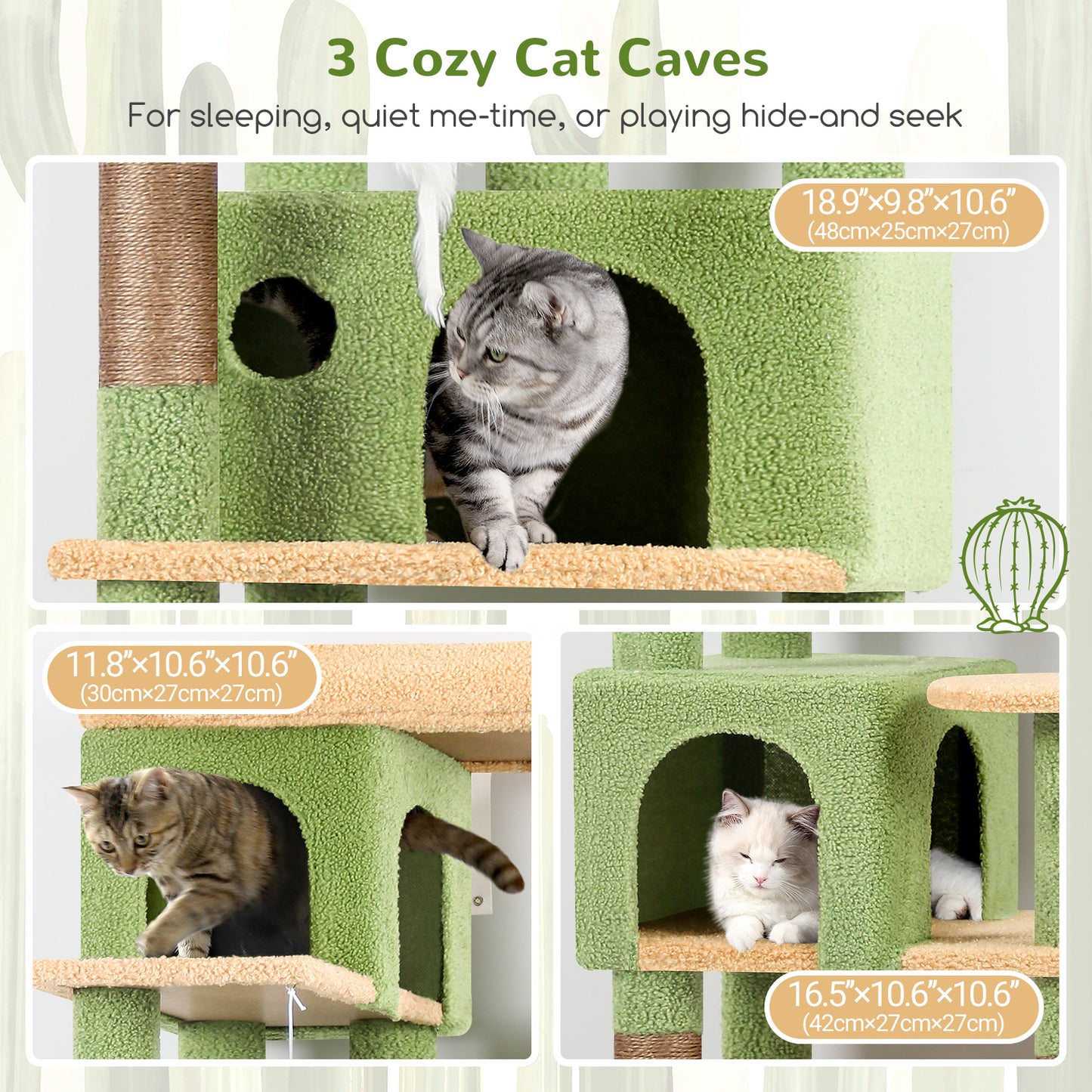 Globlazer Corner Cactus Cat Tree 66 inch Multi-Level Cactus Climbing Tower Kitty Condos Cat Scratching Tower for Indoor Multiple Cats with Large Platform, 3 Cat Caves, F66, Green