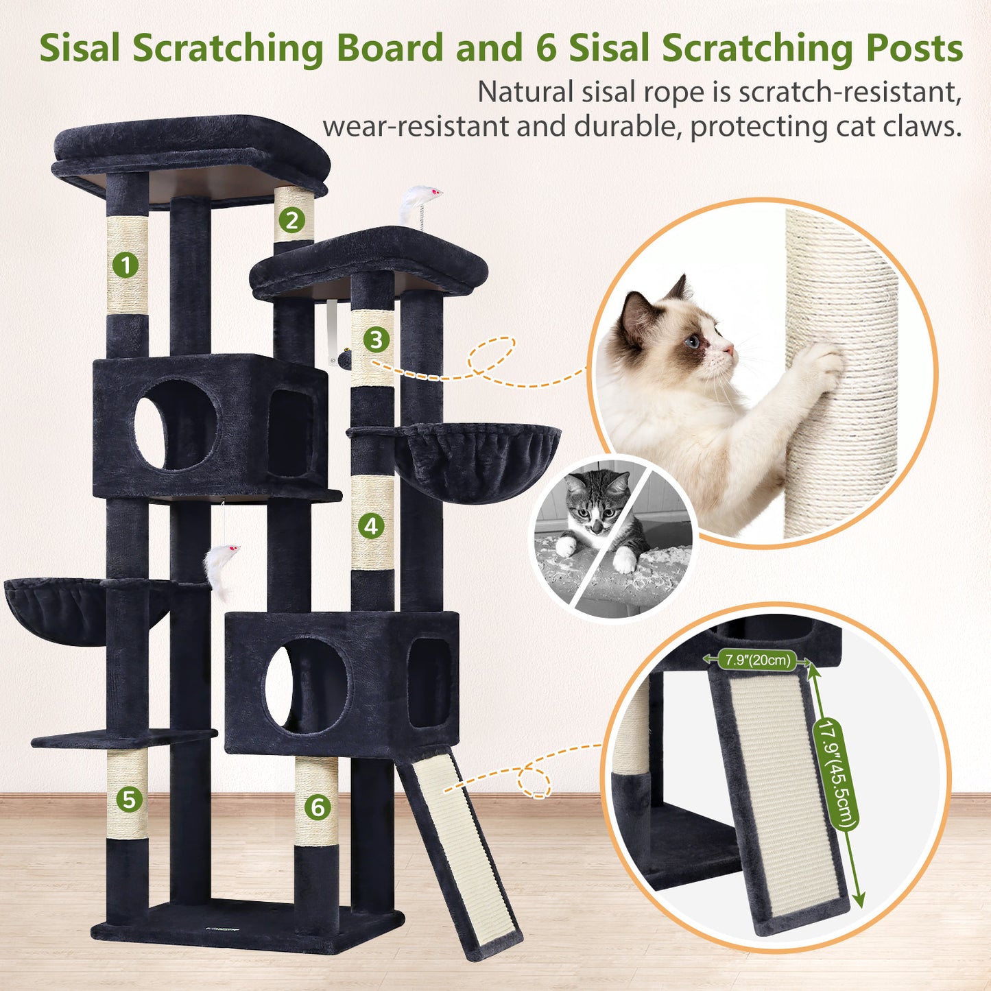 Globlazer 72" Heavy Duty Cat Tree for Large Adult Cats, Multi-Level Cat Tower with 2 Cat Condo, 2 Perchs, 6 Sisal Scratching Posts, Sisal Scratching Board, Multiple Cats, Resting Play, S72E, Dark Grey