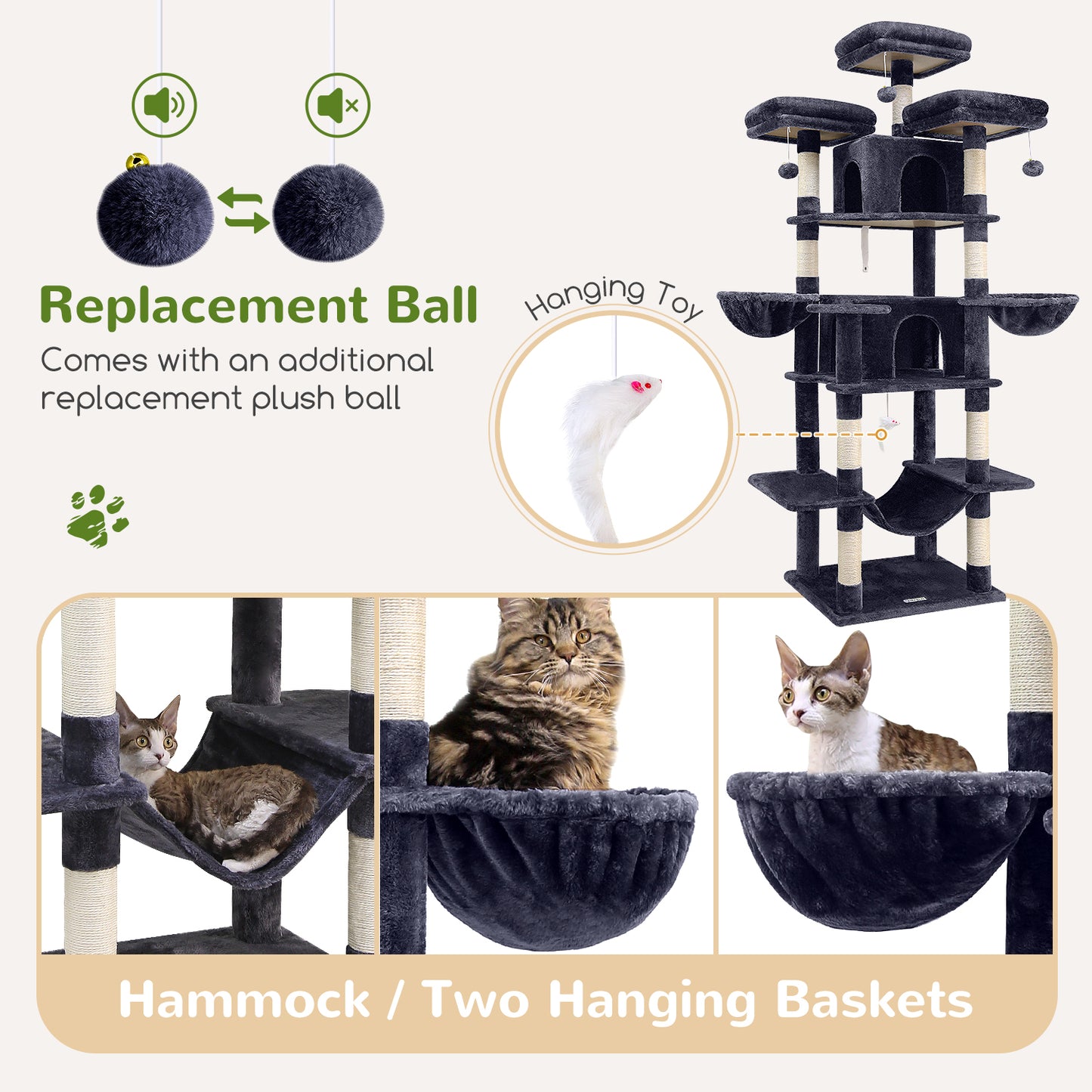 Globlazer Big Cat Tower for Indoor Cats, 80inch Cat Tower for Multiple Adult Cats XXL Cat Tree with 9 Scratching Posts, Hammock, 3 Perches, 2 Condos, 2 Hanging Basket, F80, Dark Grey