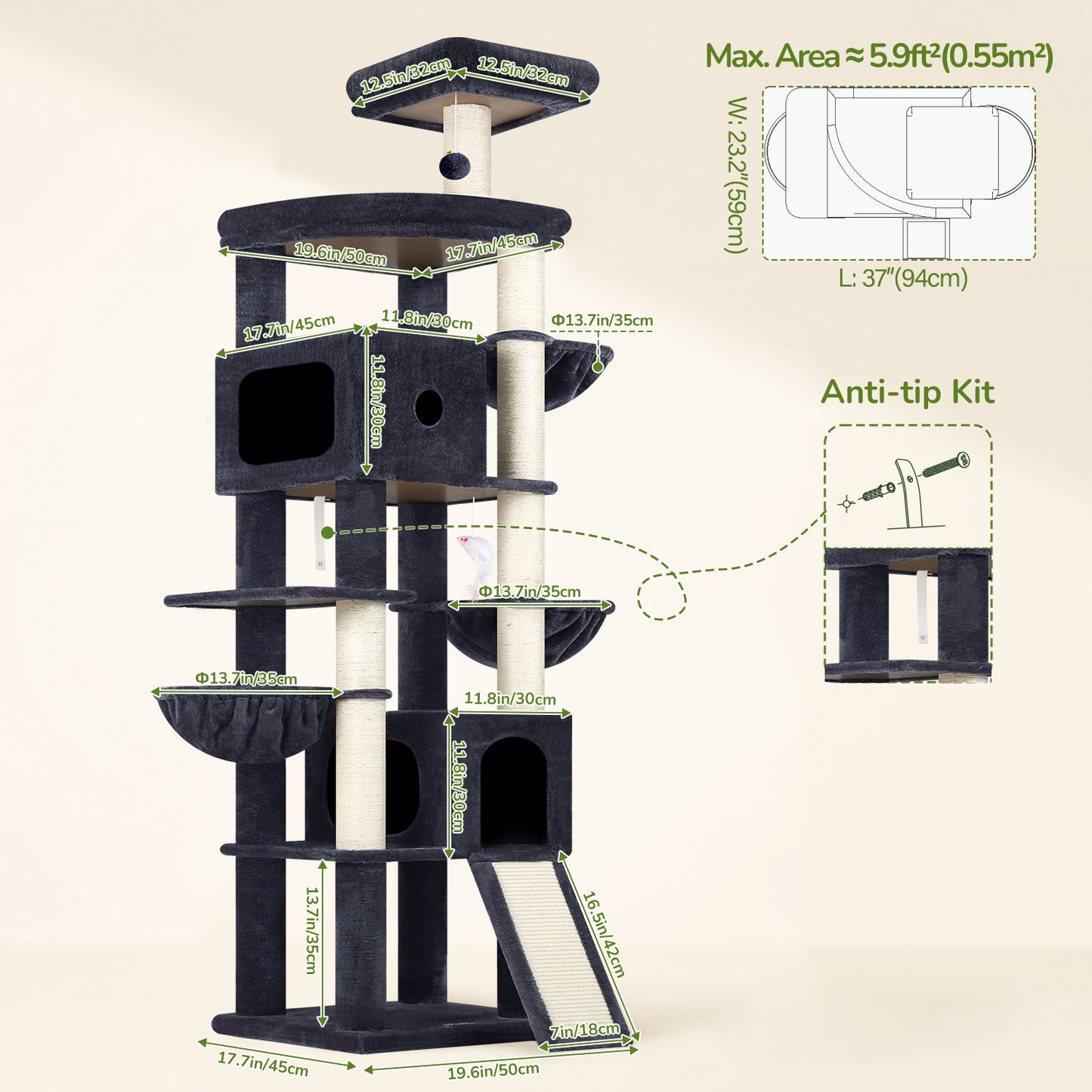 Globlazer Giant Cat Tree, 83 Inch Heavy Duty Tall Cat Tower with 7 Scratching Posts, Multi-Level Large Cat Condo for Indoor Cats Large Adult, 2 Perchs, 3 Sturdy Baskets, Cat Toys, F83C, Dark Grey