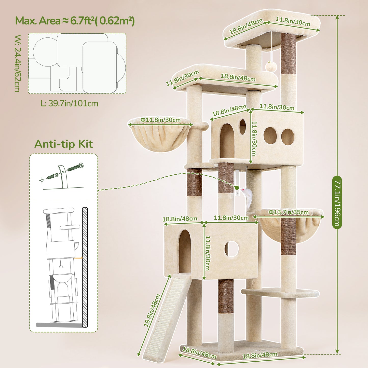 Globlazer Tall Cat Tower 77 inch Extra Large Cat Tree House for Indoor Cats Large Adults Kittens Cat Climbing Tower with 5 Scratching Posts, 2 Cat Condos, 2 Platforms, S77D, Beige