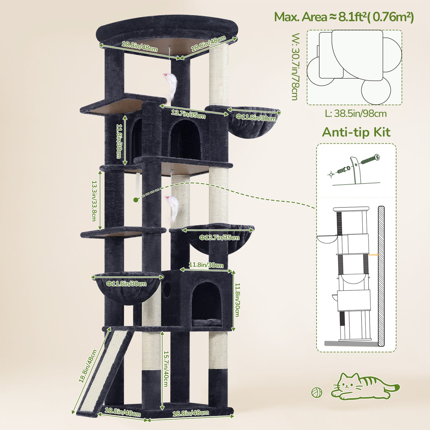 Globlazer Extra Large Cat Tree, 78 inch Sturdy Tall Cat Tree Tower for Indoor Multiple Large Adult Cats Kittens with 6 Scratching Posts, Enlarged Top Perch, 2 Padded Condos, S78G, Dark Grey