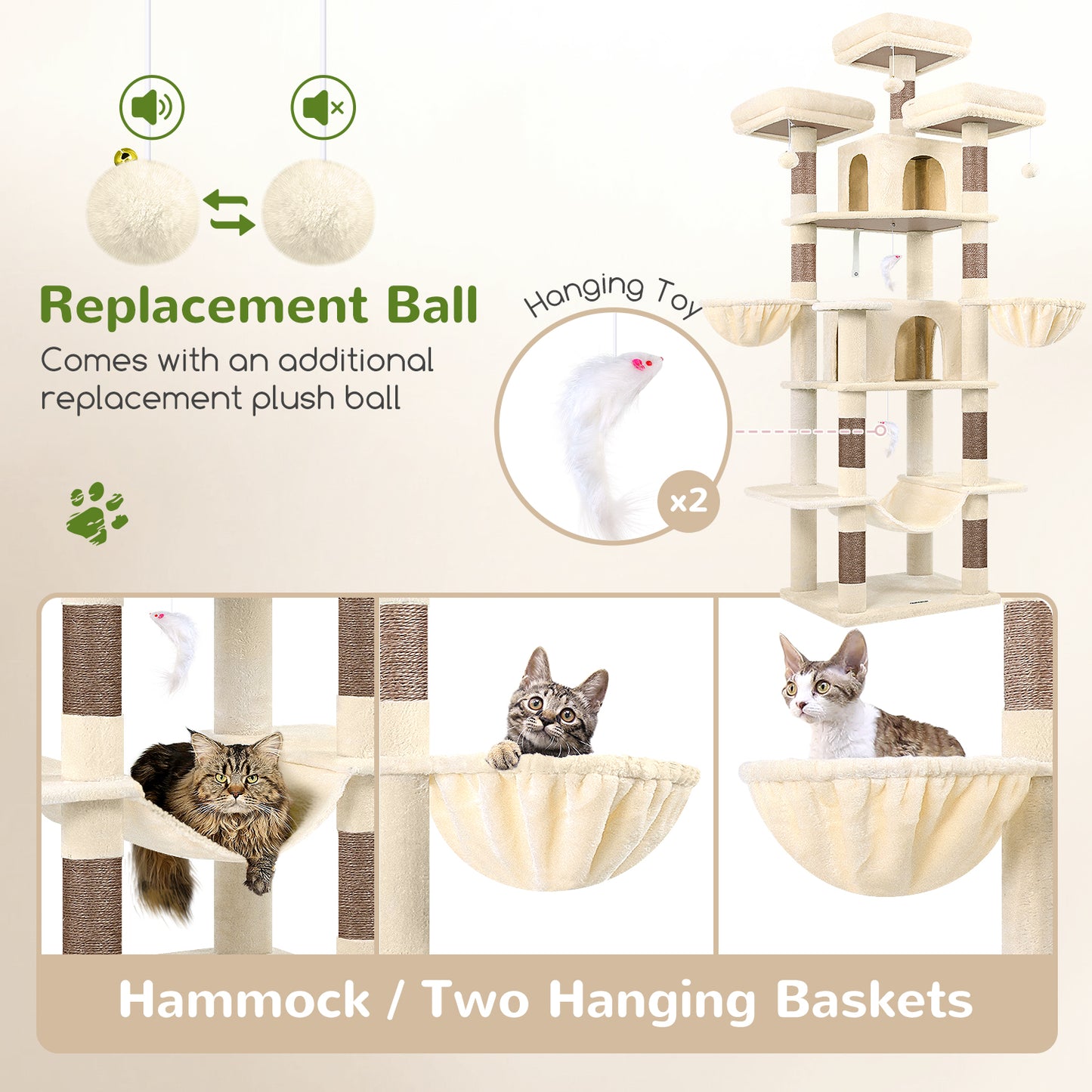 Globlazer Big Cat Tower for Indoor Cats, 80inch Cat Tower for Multiple Adult Cats XXL Cat Tree with 9 Scratching Posts, Hammock, 3 Perches, 2 Condos, 2 Hanging Basket, F80, Beige