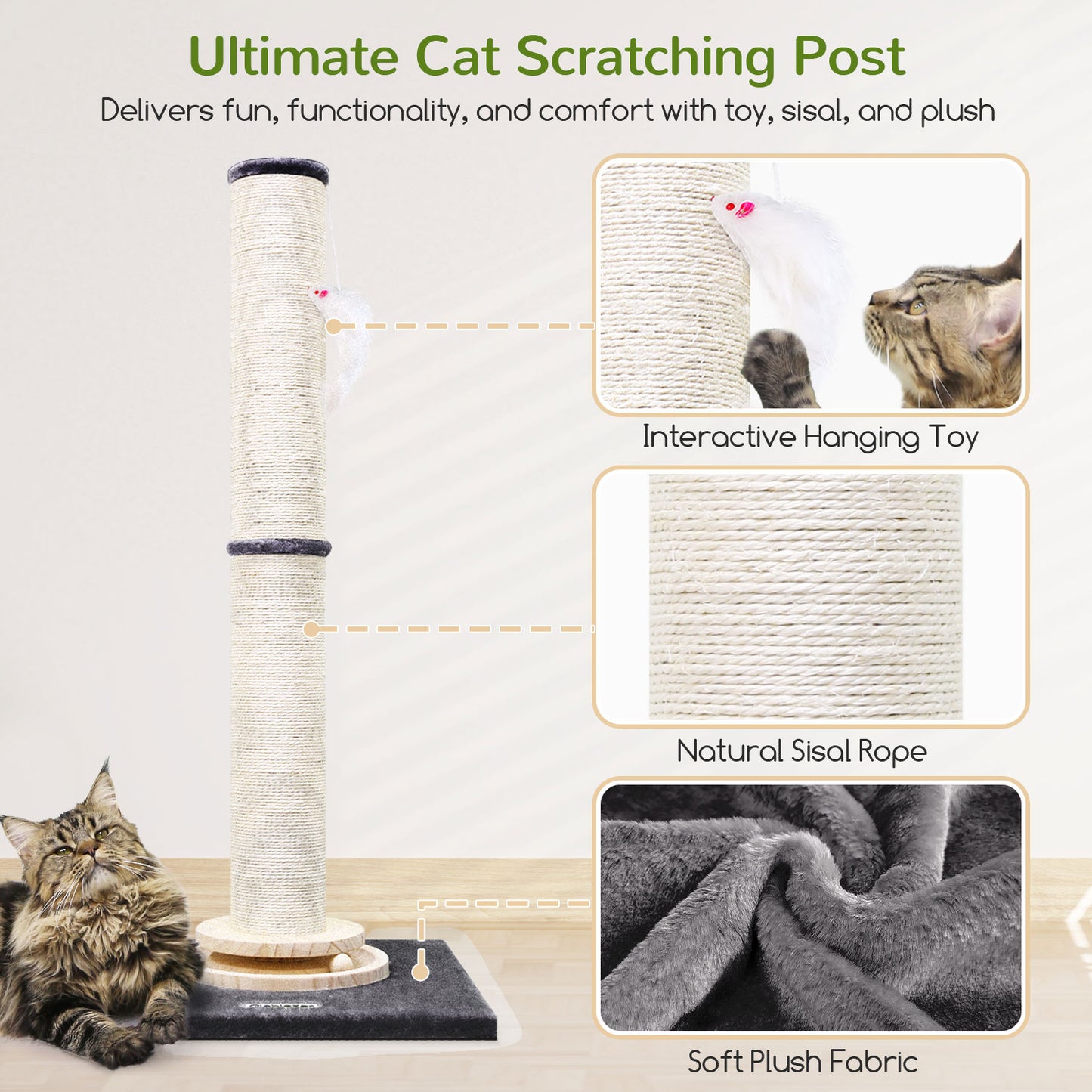 Globlazer Extra Thick Large Scratching Post for Indoor Cats Adults and Kittens, 35in Tall Natural Sisal Rope Scratcher Post, Large Cat Scratcher with Ball Interactive Toy, SC35, Dark Grey