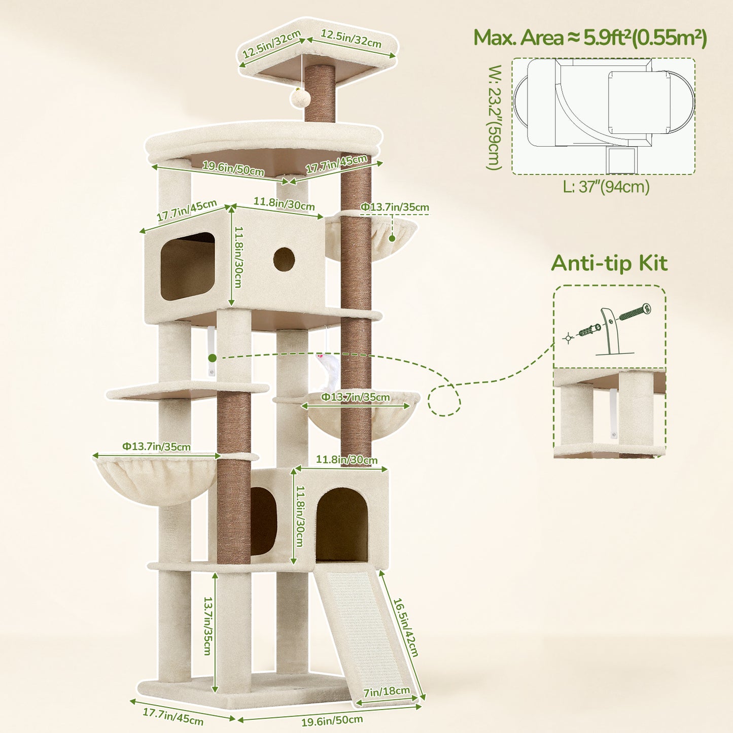 Globlazer Giant Cat Tree, 83 Inch Heavy Duty Tall Cat Tower with 7 Scratching Posts, Multi-Level Large Cat Condo for Indoor Cats Large Adult, 2 Perchs, 3 Sturdy Baskets, Cat Toys, F83C, Beige