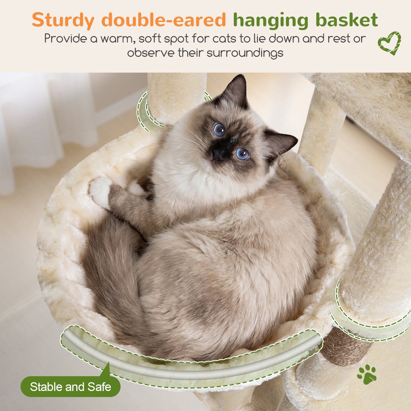Globlazer Heavy Duty Cat Tree, 73inch Sturdy Cat Tower with Scratching Post for Indoor multiple Cats, Maine Coon Cat Tree with 3 Cat Perch, Basket, 2 Cat Condo for Adult Cats Kittens, F73C, Beige