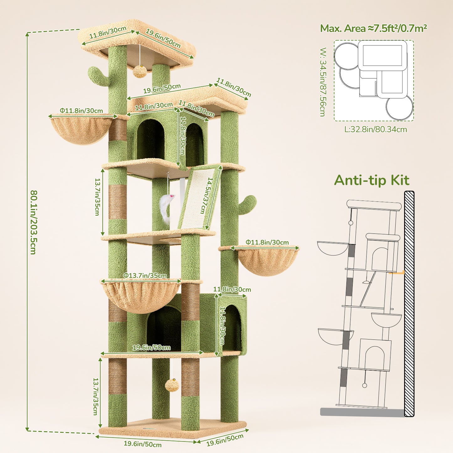 Globlazer Large Cactus Cat Tree Tower, 80in XXL Tall Cat Tree for Multiple Indoor Cats Large Adult Kittens with Scratching Posts and Board, 3 Soft Baskets, 2 Plush Perches, 2 Cozy Condos, S80G, Green