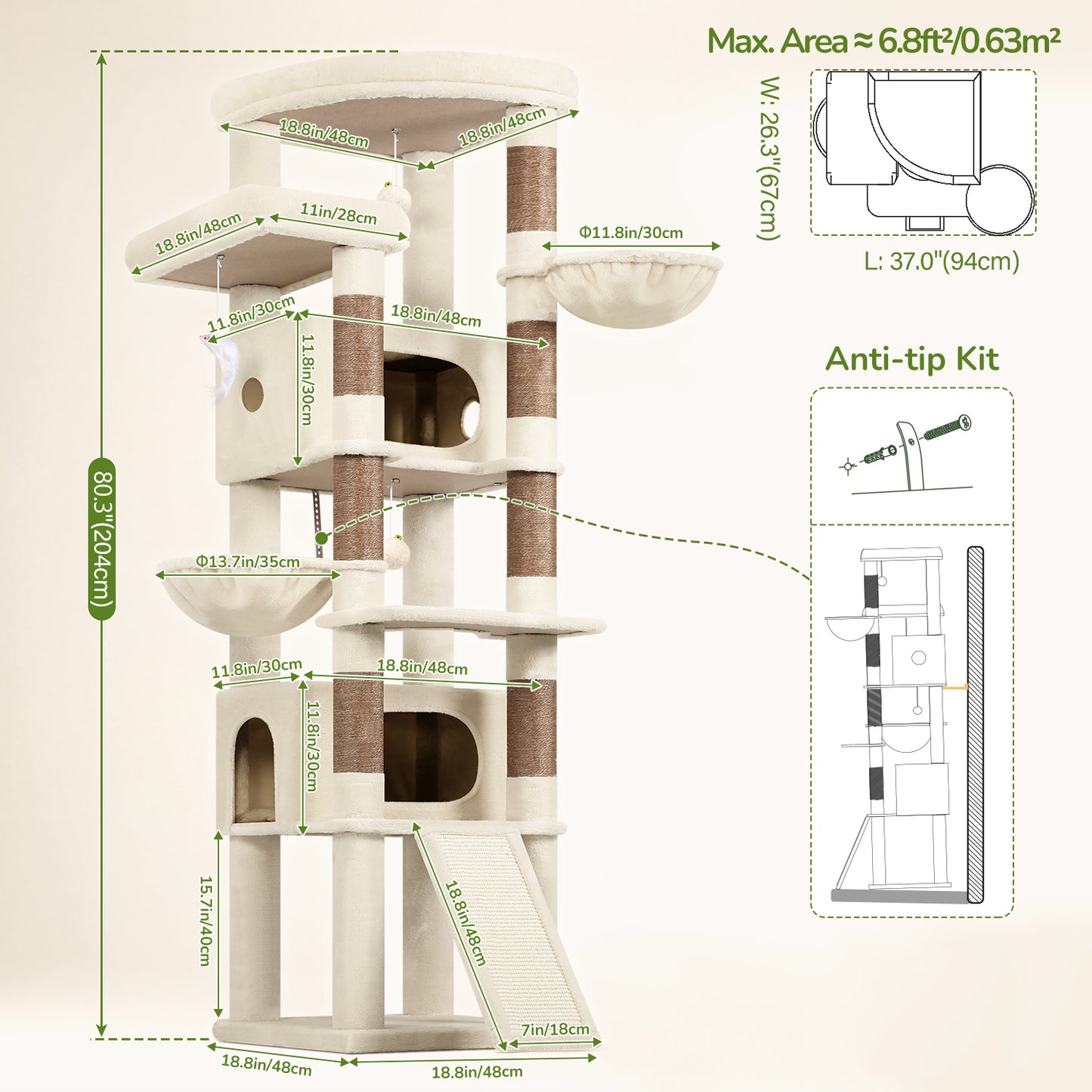 Globlazer Extra Large Heavy Duty Cat Tree, 80in Tall Sturdy Cat Tree Tower for Multiple Indoor Cats Large Adult with Scratching Posts, 2 Spacious Condos with Padding, 2 Soft Perches, S80C, Beige