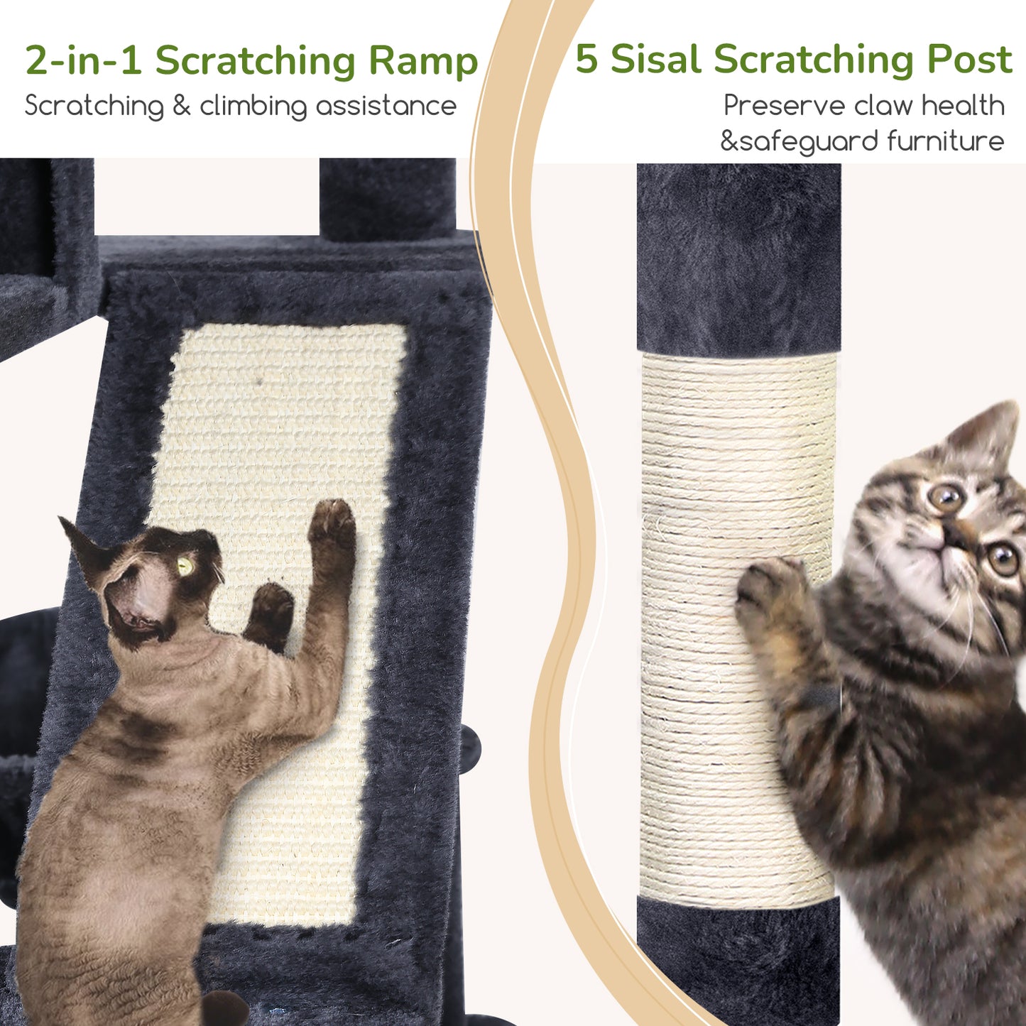 Globlazer 74in Heavy Duty Cat Tree for Large Indoor Cats, Multi-Level Cat Tower with 5 Sisal Scratching Posts, 2 Cozy Condos, Hammock, Top Perches, Climbing Ramp and Pet Bed, F74D, Dark Grey