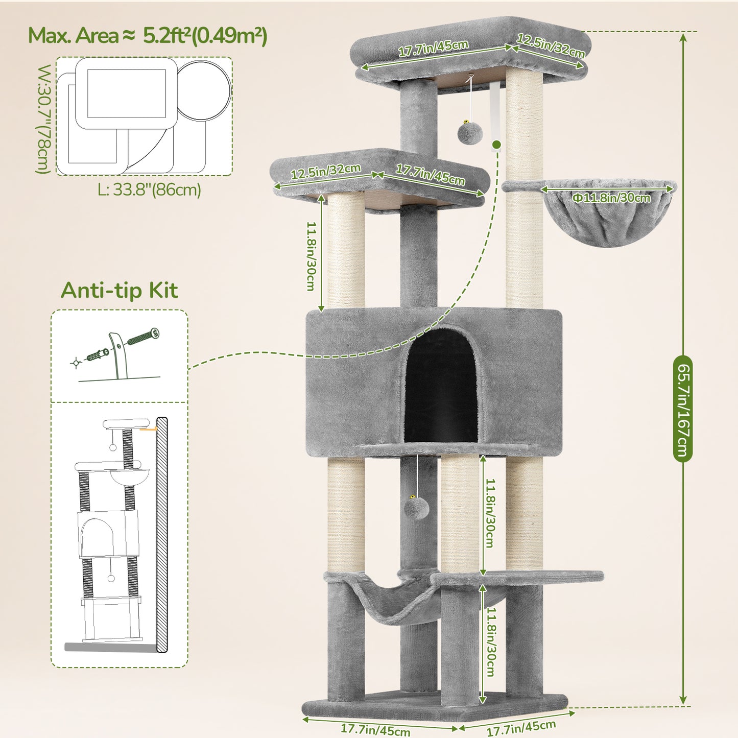 Globlazer Tall Cat Tree Tower for Large Adult Cats, Multi-Level Large 65 Inch Cat Scratching Tower with Hammock, 6 Scratching Posts, Basket and 2 Perches for Indoor Multiple Cats, F65D, Light Grey