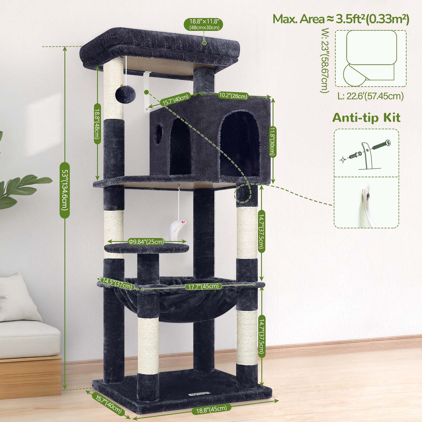 Globlazer Cat Tree Tower with 5 Scratching Posts for Indoor Cats, 53inch Tall Plush Multi-Level Cat Climbing Tower Condo House with Large Hammock, Spacious Cat Cave, Padded Top Perch, F53, Dark Gray