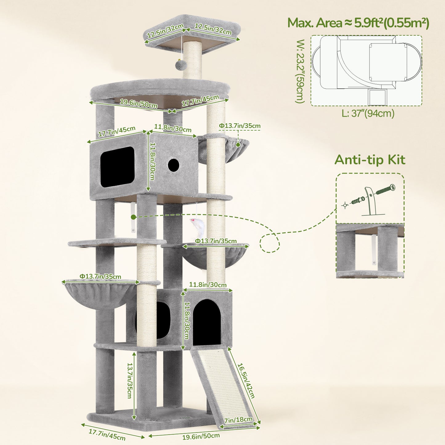 Globlazer Giant Cat Tree, 83 Inch Heavy Duty Tall Cat Tower with 7 Scratching Posts, Multi-Level Large Cat Condo for Indoor Cats Large Adult , 2 Perchs, 3 sturdy Baskets, Cat Toys, F83C, Light Grey