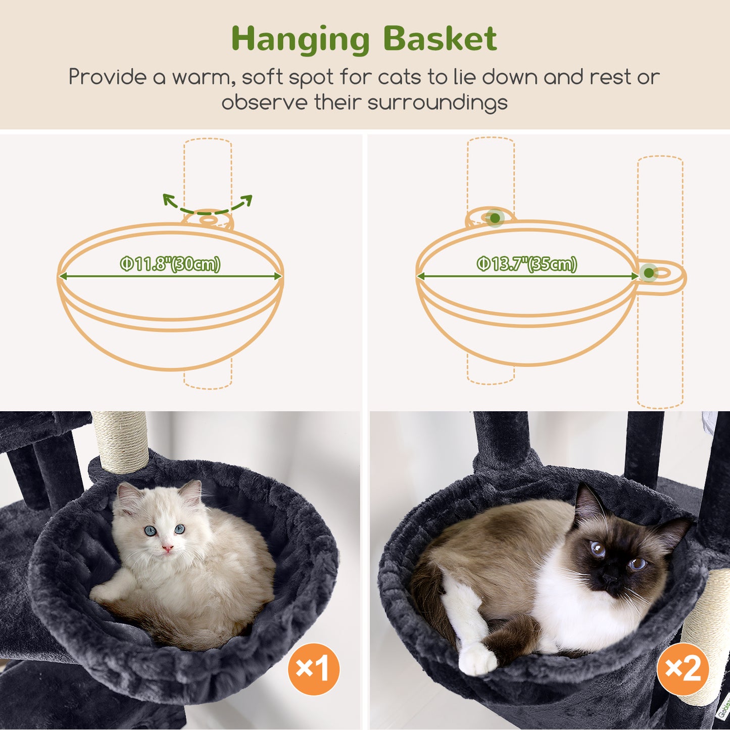 Globlazer Large Cat Tree 80 inch Multi-Level Tall Climbing Tower Kitty Condos Cat Scratching Tower for Indoor Multiple Adult Cats with Large Platform, 3 Cat Caves, 3 Hanging Baskets, F80F, Dark Grey