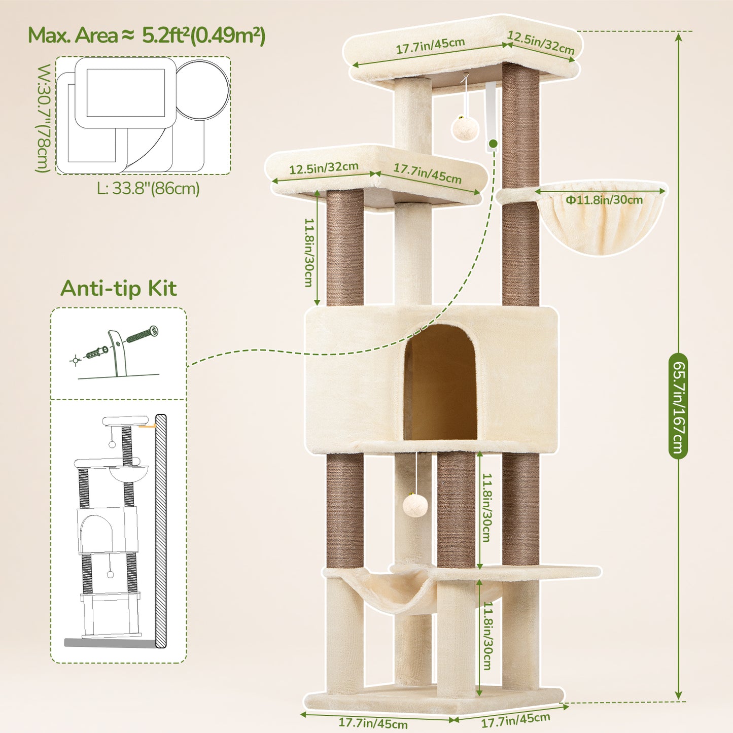 Globlazer Tall Cat Tree Tower for Large Adult Cats, Multi-Level Large 65 Inch Cat Scratching Tower with Hammock, 6 Scratching Posts, Basket and 2 Perches for Indoor Multiple Cats, F65D, Beige