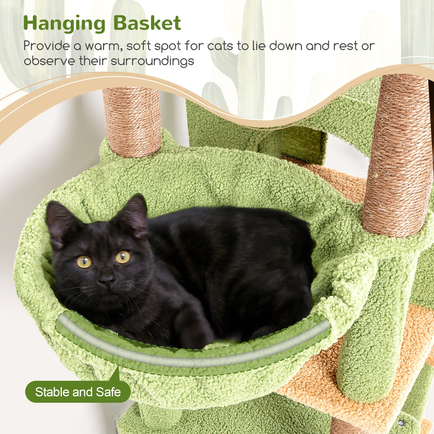 Globlazer Cactus Cat Tree Tall, 71 inches Cat Tower for Indoor Adult Cats Multi-Level 3 Condos for Indoor Cats XL Cat Tree Tower with Scratching Posts, Soft Extra Large Hanging Basket, F71, Green