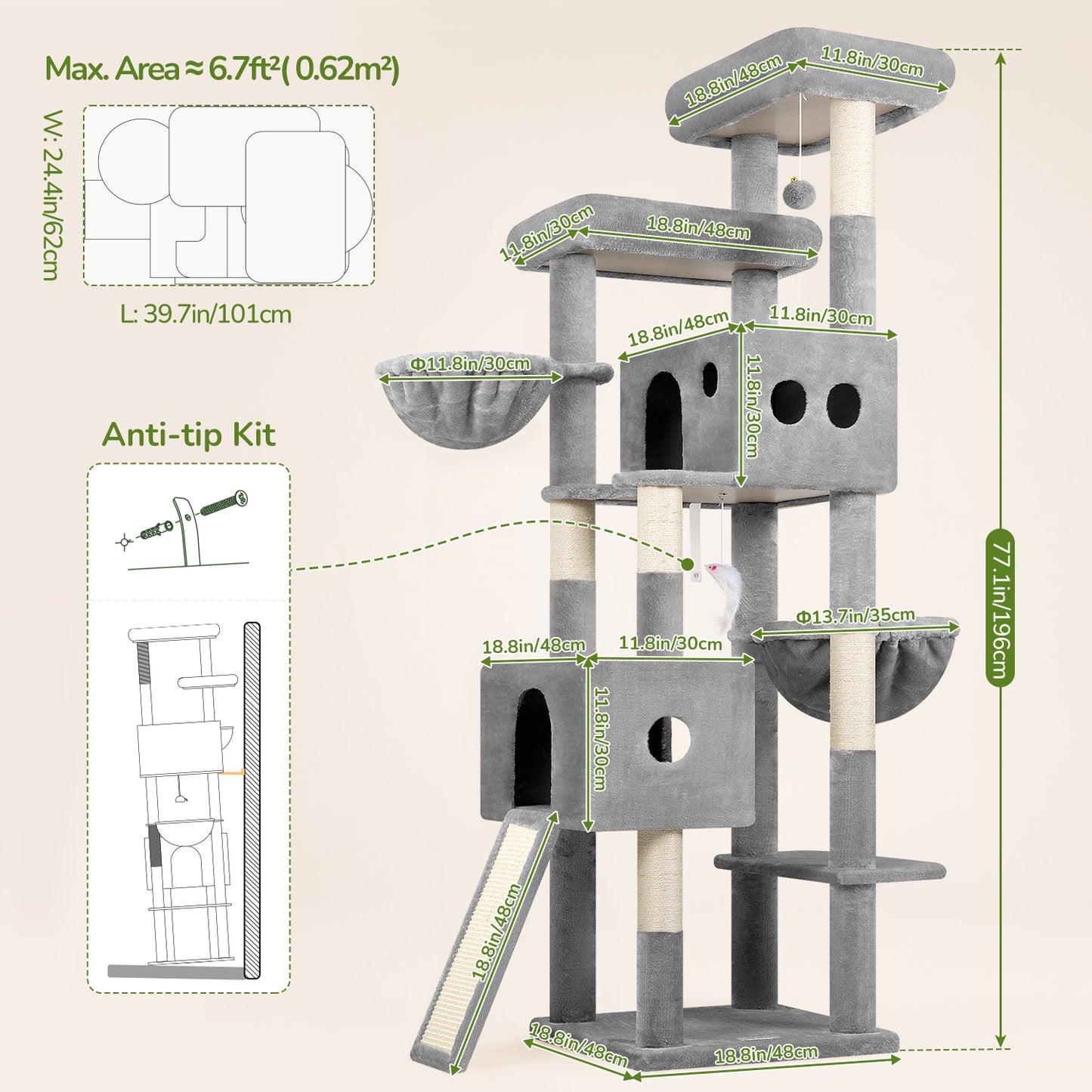 Globlazer Tall Cat Tower 77 inch Extra Large Cat Tree House for Indoor Cats Large Adults Kittens Cat Climbing Tower with 5 Scratching Posts, 2 Cat Condos, 2 Platforms, S77D, Light Grey