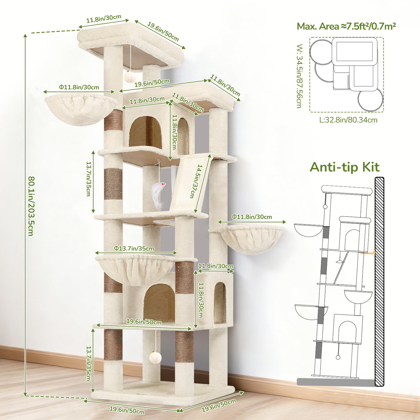 Globlazer Large Cat Tree Tower, 80inch XXL Tall Cat Tree for Multiple Indoor Cats Large Adult Kittens with Scratching Posts and Board, 3 Soft Baskets, 2 Plush Perches, 2 Cozy Condos, S80G, Beige