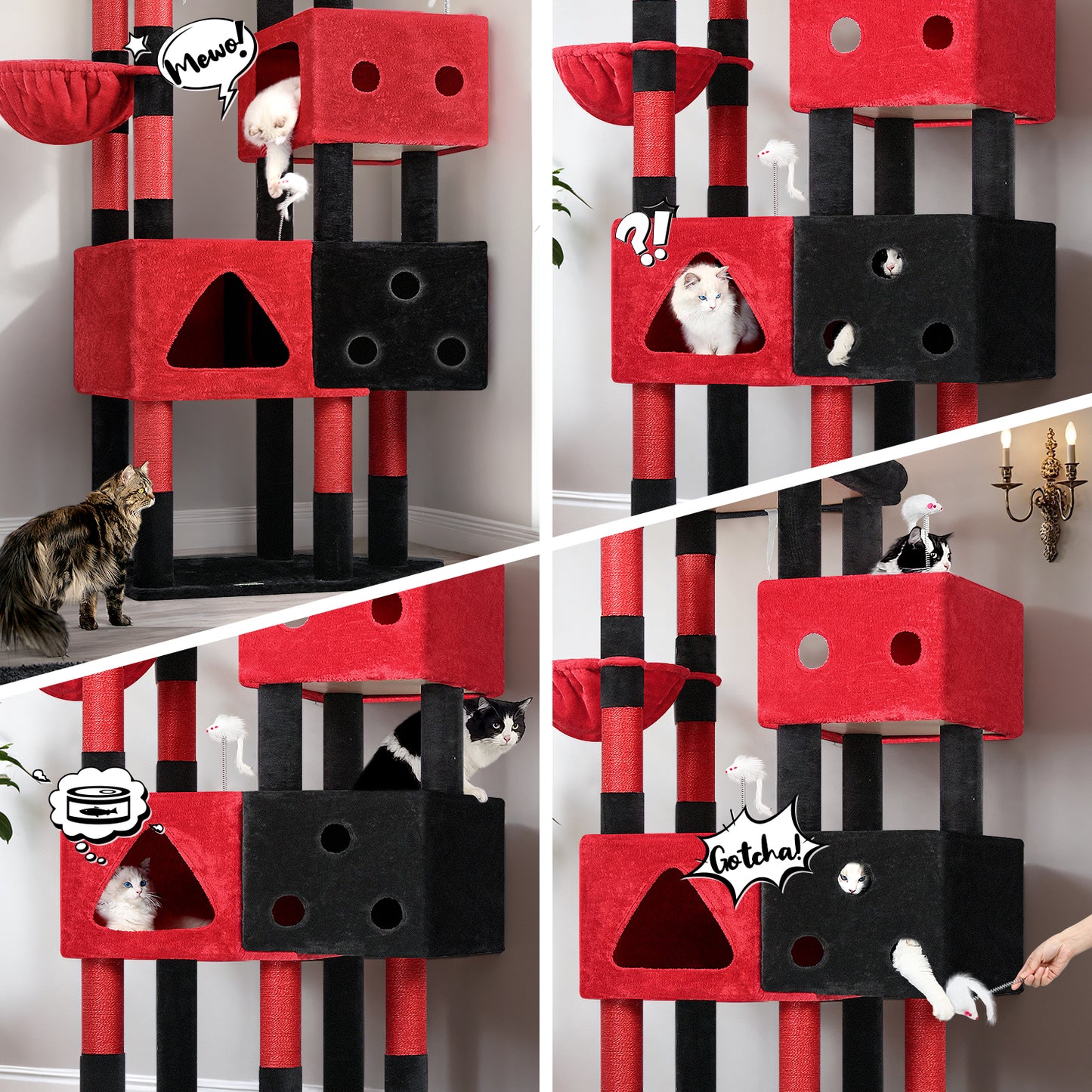 Globlazer Extra Large Gothic Cat Tower, 81-inch Tall Goth Cat Tree for Big Cats 20 lbs, XXL Heavy Duty Cat Scratching Tower for Indoor Adult Cats with 3 Cat Condos, 8 Scratching Posts, F81, Black Red
