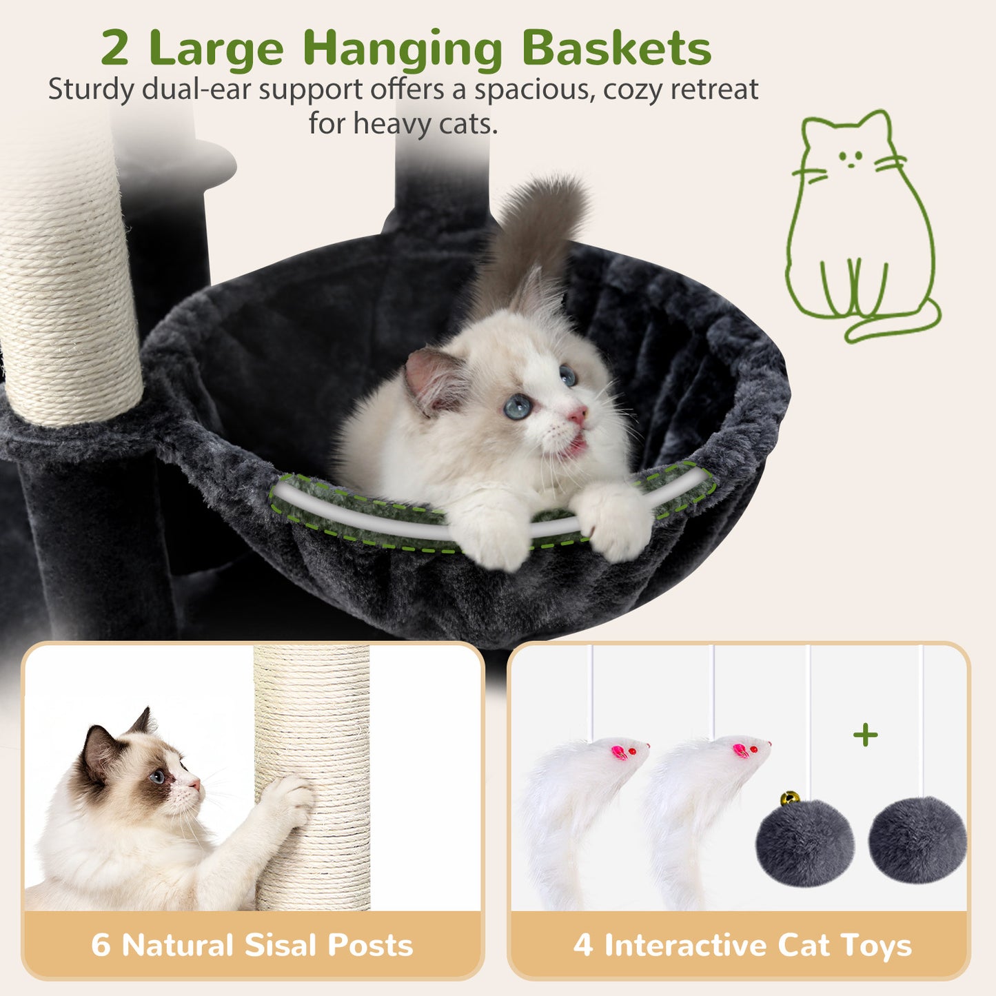 Globlazer 75in Sturdy Cat Tree for Large Cats, Heavy Duty Multi-Level Cat Tower for Indoor Cats with Extended Platform, 2 Spacious Condos, 2 Padded Perches, 6 Sisal Scratching Posts, S75, Dark Grey