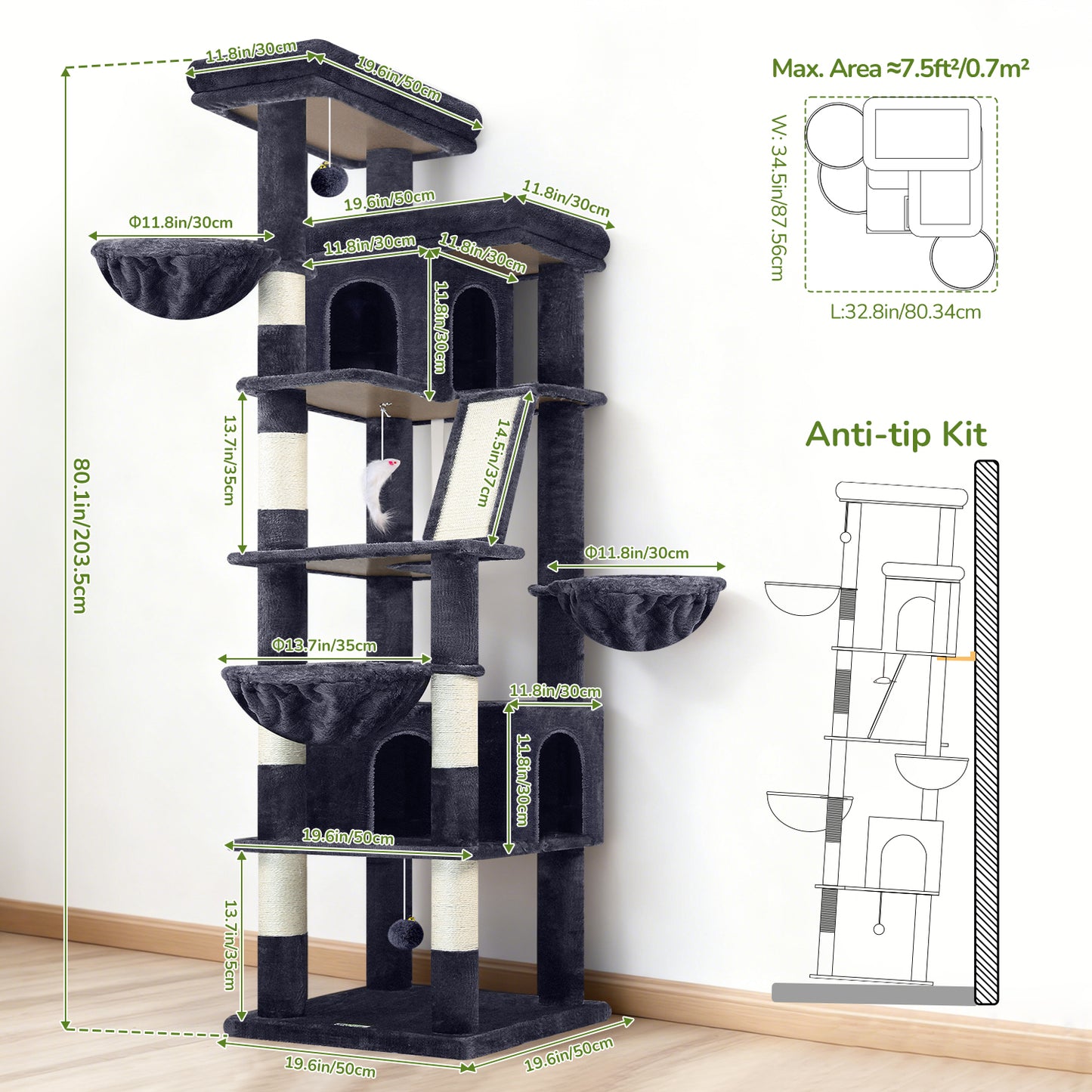 Globlazer Large Cat Tree Tower, 80inch XXL Tall Cat Tree for Multiple Indoor Cats Large Adult Kittens with Scratching Posts and Board, 3 Soft Baskets, 2 Plush Perches, 2 Cozy Condos, S80G, Dark Grey