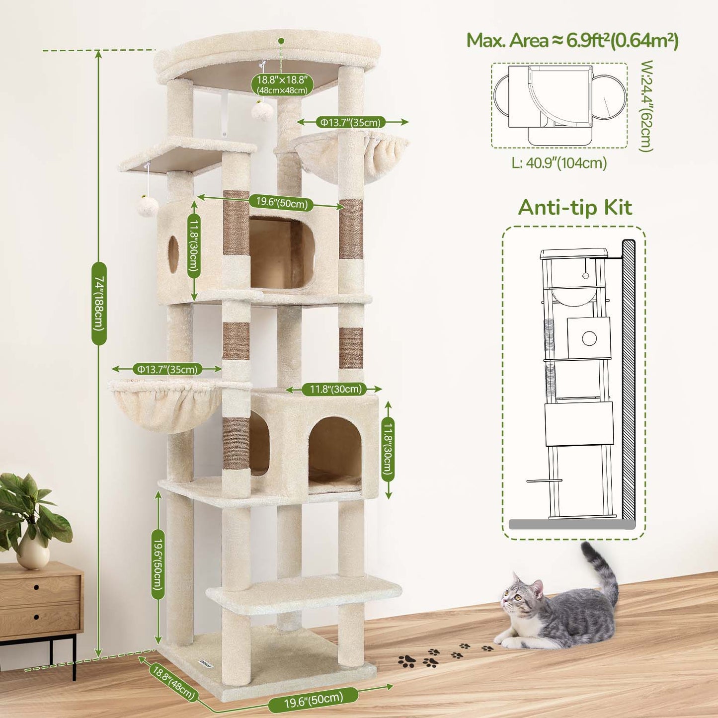 Globlazer Extra Large Cat Tree Tower for Indoor Cats, 74inch Tall Cat Tree Tower for Large Cats Adult with 5 Scratching Posts, 2 Spacious Condos, 2 Big Hanging Baskets, Enlarged Perch, S74, Beige