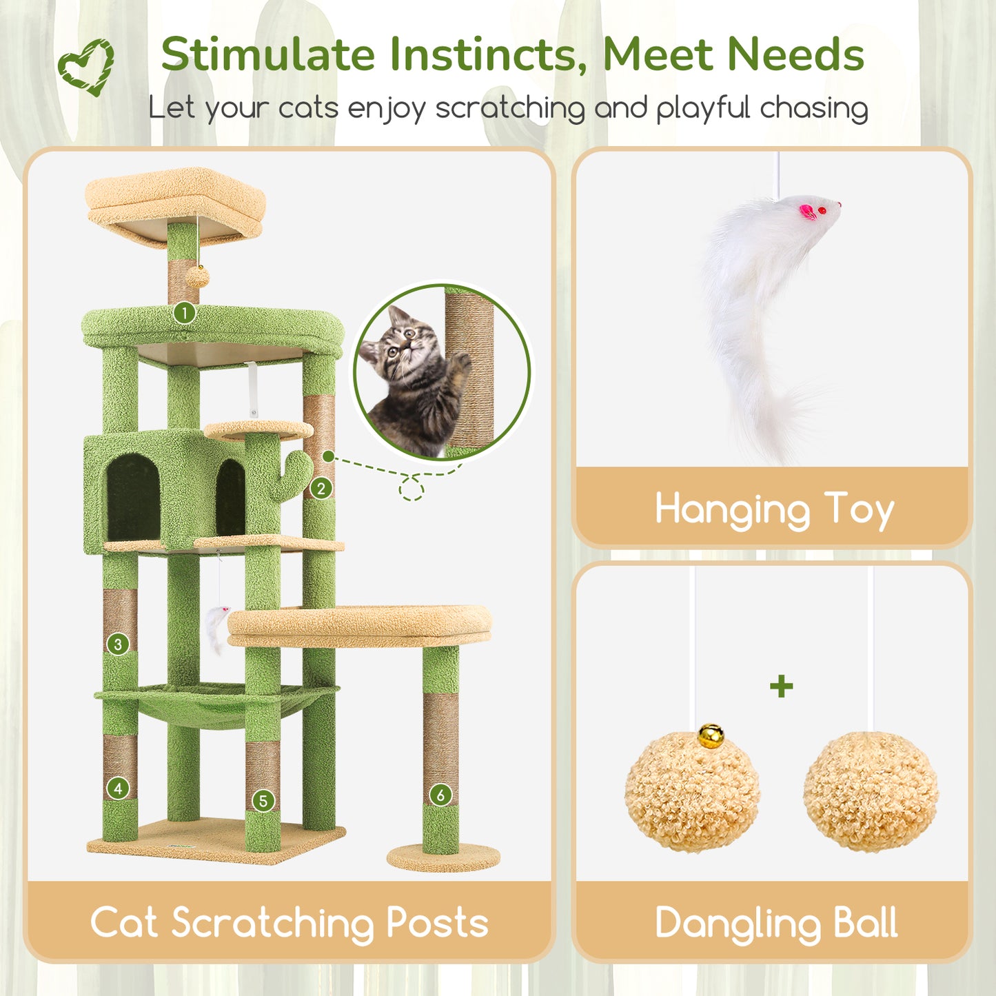 Globlazer Extra Large Platform Cactus Cat Tree, 65in Sturdy Cat Tree for Multiple Indoor Cats Large Adult, Big Cat Tower with 3 Padded Perches, 6 Scratching Posts, Spacious Condo, Hammock, S65, Green