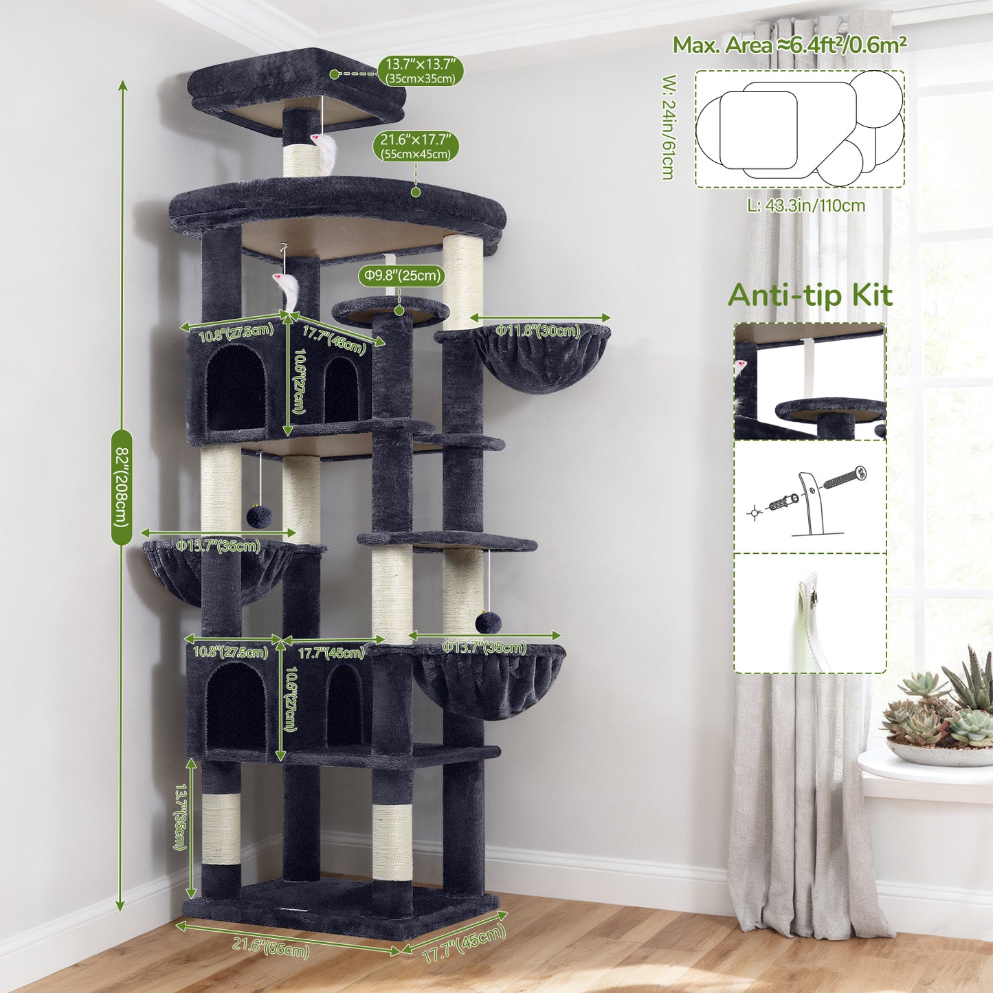 Globlazer Extra Large Cat Tree Tower, 82in Tall Heavy Duty Cat Tree for Indoor Cats Large Adult Big Cat Tower with 8 Scratching Posts, 2 Cat Condos, 2 Padded Perches, 3 Hanging Baskets, S82, Dark Gray