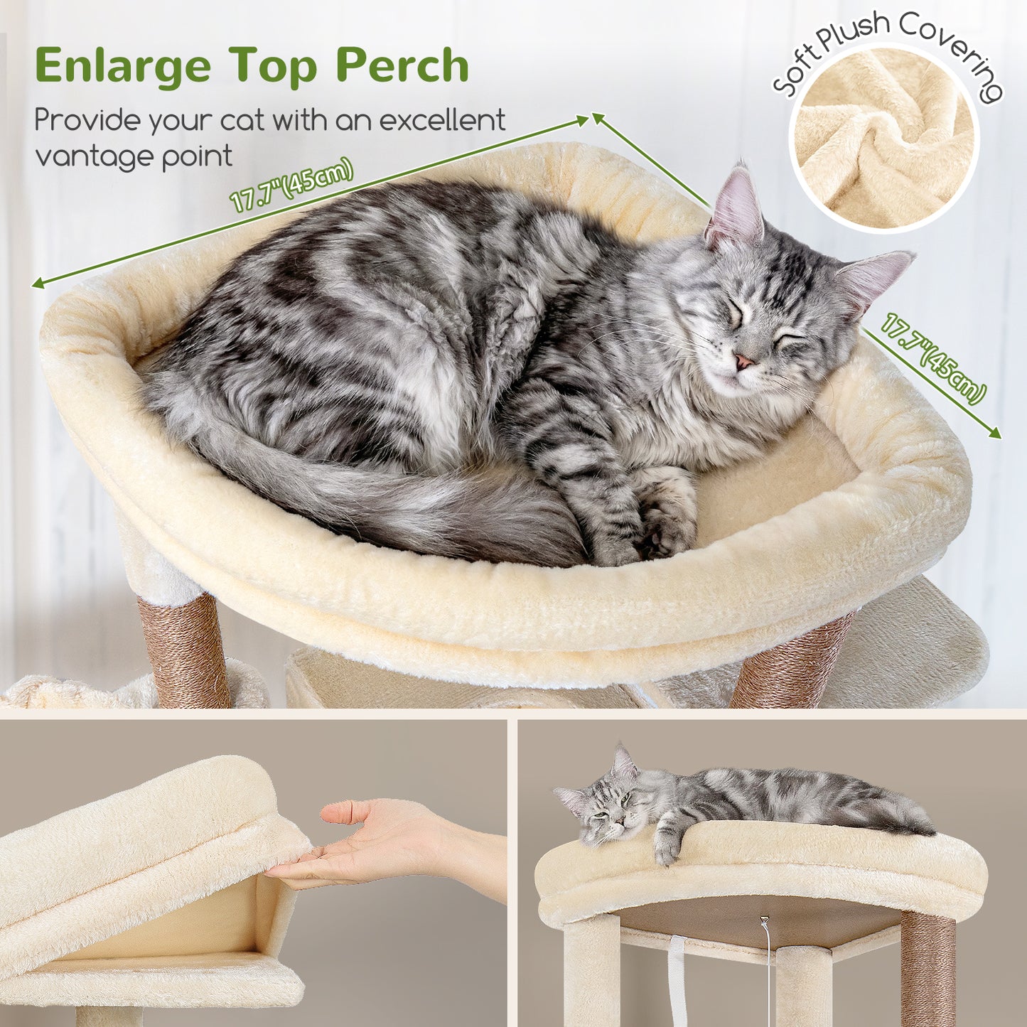 Globlazer 74in Tall Cat Tree for Indoor Cats Large Adult, Sturdy Heavy Duty Cat Tree Tower with 7 Scratching Posts for Multiple Cats, 2 Spacious Condos, 2 Hanging Baskets, S74G, Beige