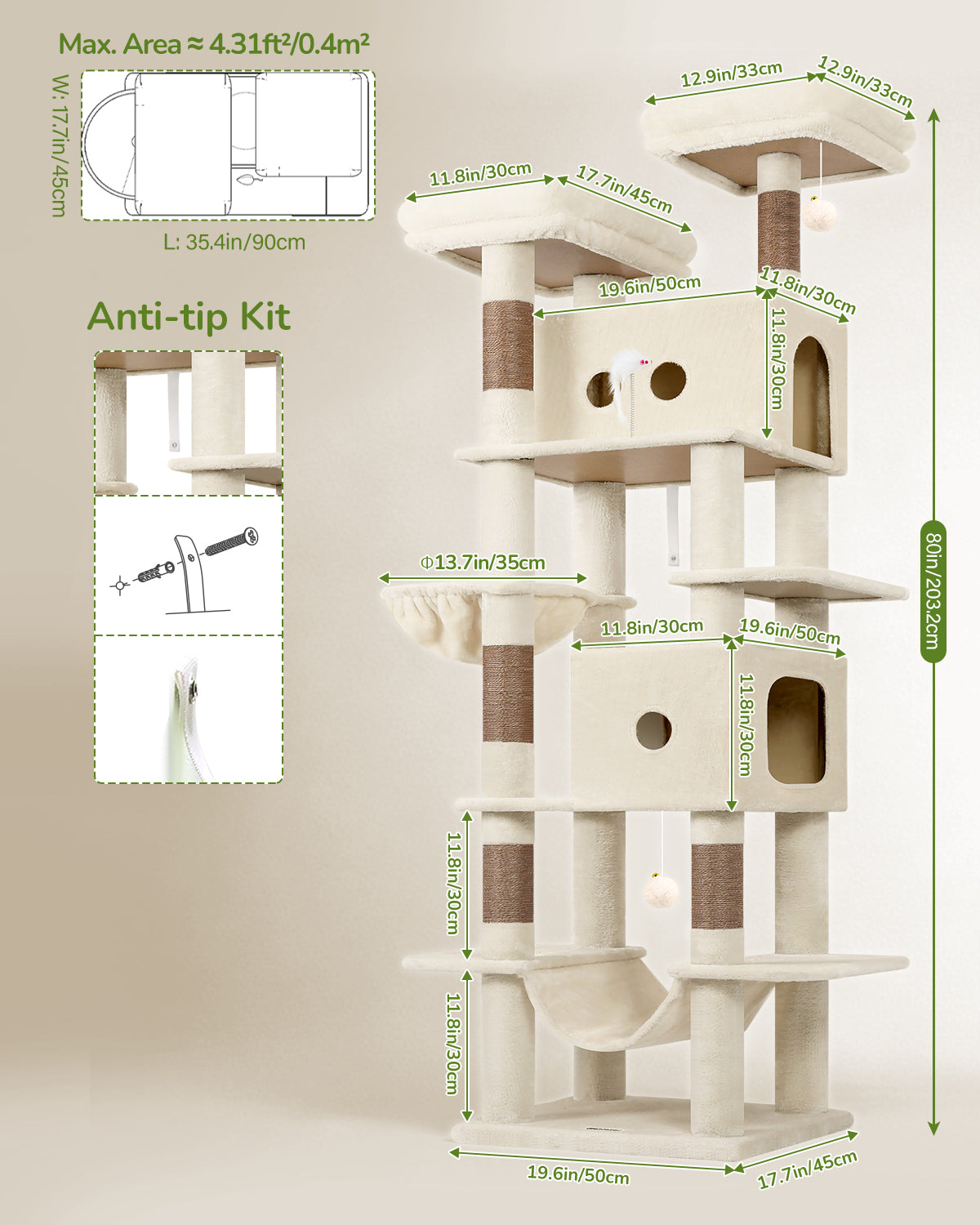 Globlazer Heavy Duty Cat Tree Tower 80in Tall Extra Large Cat Tree Tower for Multiple Indoor Cats Large Adult with Scratching Posts, 2 Spacious Condos, Padded Perches, Soft Hammock, S80B, Beige