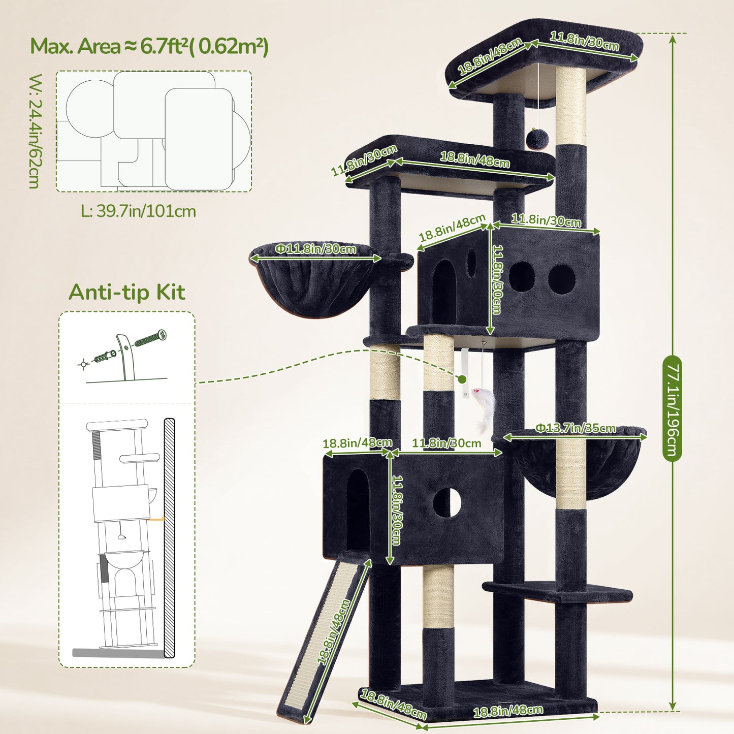 Globlazer Tall Cat Tower 77 inch Extra Large Cat Tree House for Indoor Cats Large Adults Kittens Cat Climbing Tower with 5 Scratching Posts, 2 Cat Condos, 2 Platforms, S77D, Dark Grey