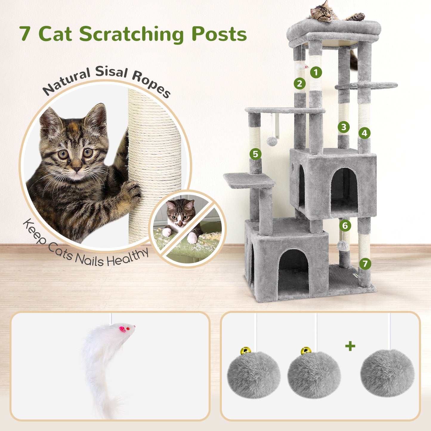 Globlazer Cat Tower for Indoor Cats, 61inch Heavy Duty Cat Trees for Large Cats Adult Big Cats Maine Coon Cat Tree Tower with Scratching Post, Extra Large Top Perch, Cat Condos, F61, Light Grey
