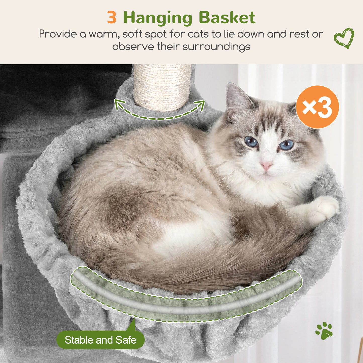 Globlazer Large Cat Tree, 72 inch Tall Cat Climbing Tower for Indoor Large Adult Cats Multi-Level Furniture Tree House with 2 Cozy Perches, 2 Padded Condos, 5 Sisal Scratching Posts, F72G, Light Grey