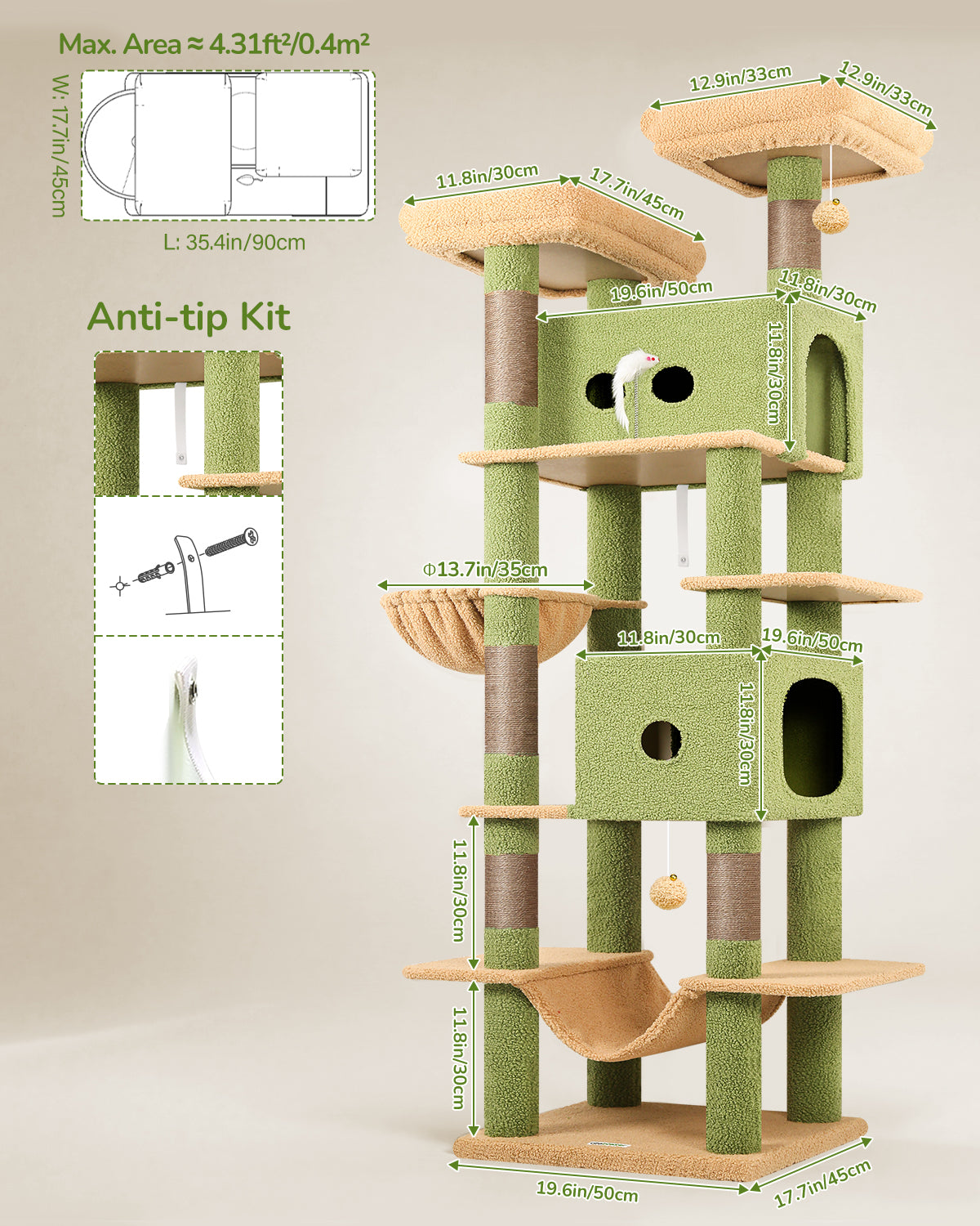 Globlazer Cactus Heavy Duty Cat Tree Tower 80in Tall Extra Large Cat Tree Tower for Multiple Indoor Cats Large Adult with Scratching Posts, 2 Spacious Condos, Padded Perches, Soft Hammock, S80B, Green
