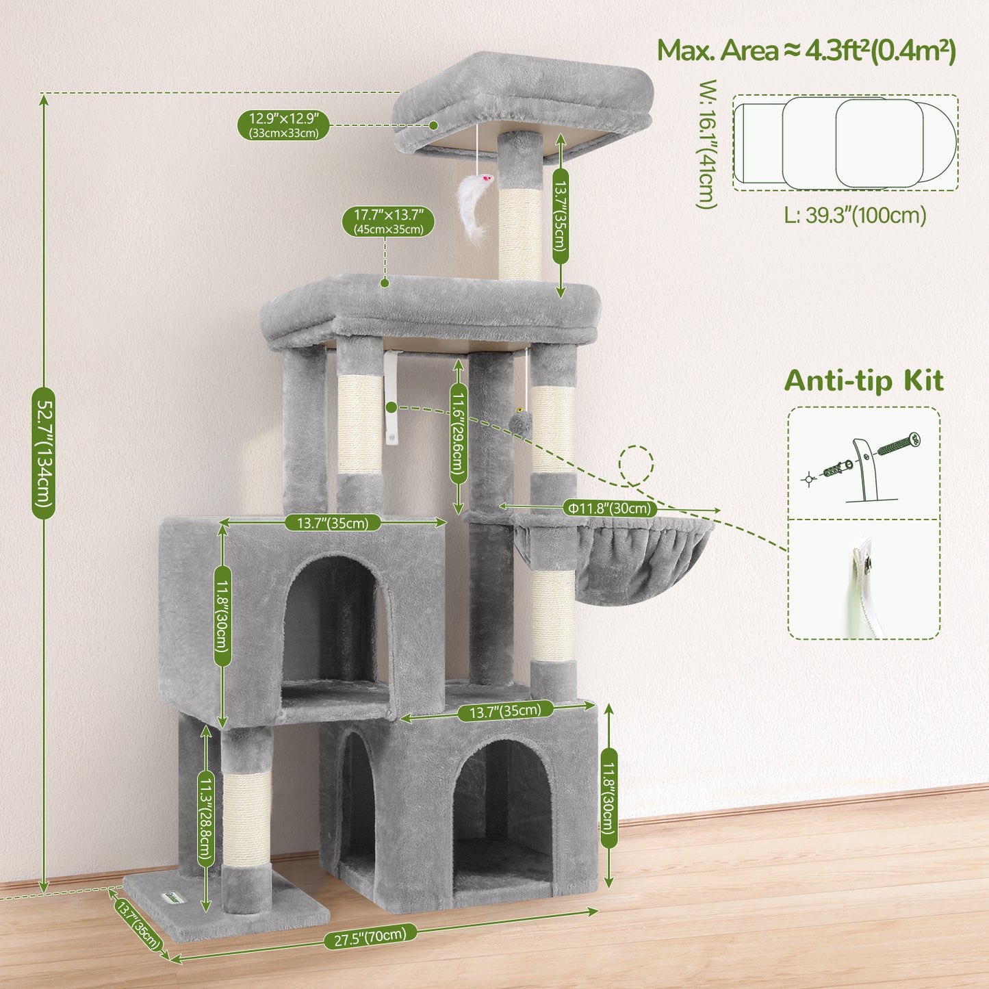 Globlazer Cat Tower for Indoor Cats, 52in Multi-Level Cat Tower with 5 Sisal Scratching Posts, Cat Tree House with 2 Padded Perches, 2 Cozy Condos, Big Hanging Basket, Hanging Toys, S52, Light Gray