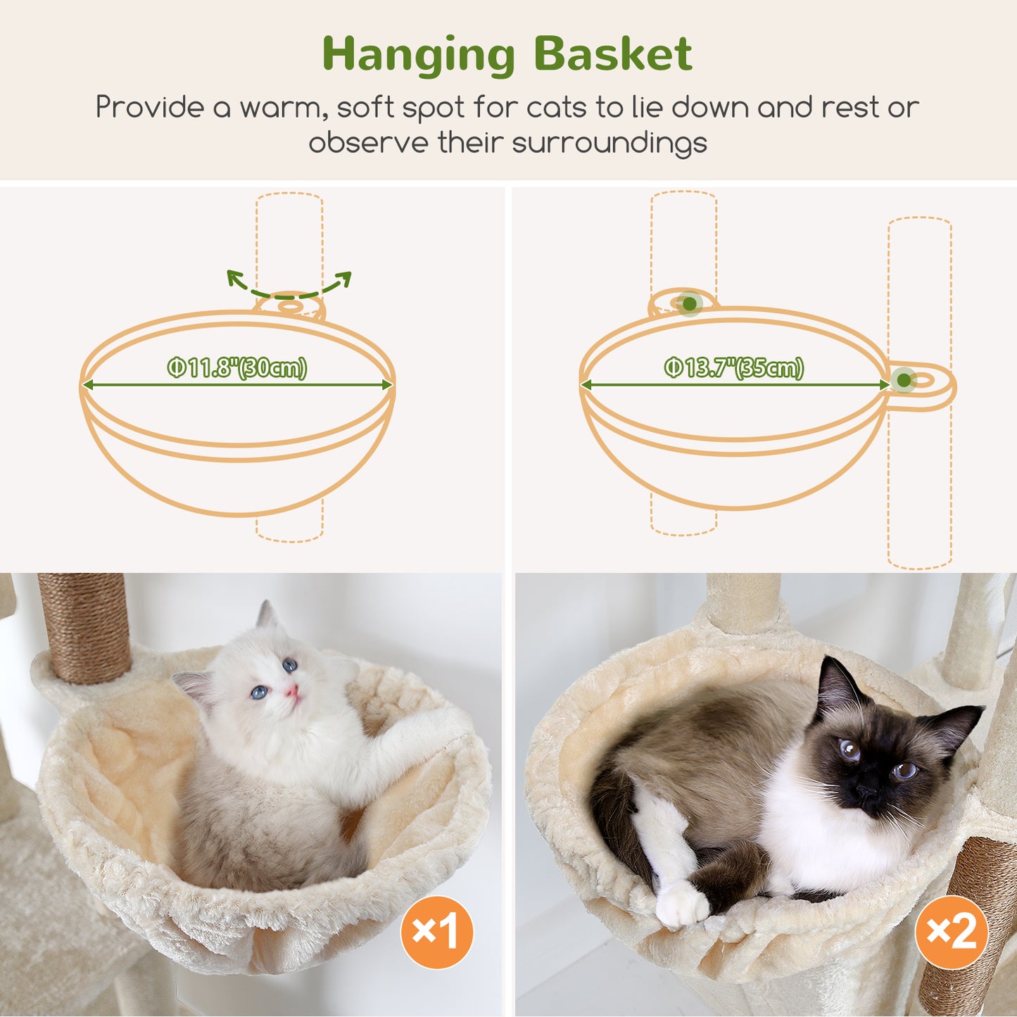 Globlazer Large Cat Tree 80 inch Multi-Level Tall Climbing Tower Kitty Condos Cat Scratching Tower for Indoor Multiple Adult Cats with Large Platform, 3 Cat Caves, 3 Hanging Baskets, F80F, Beige