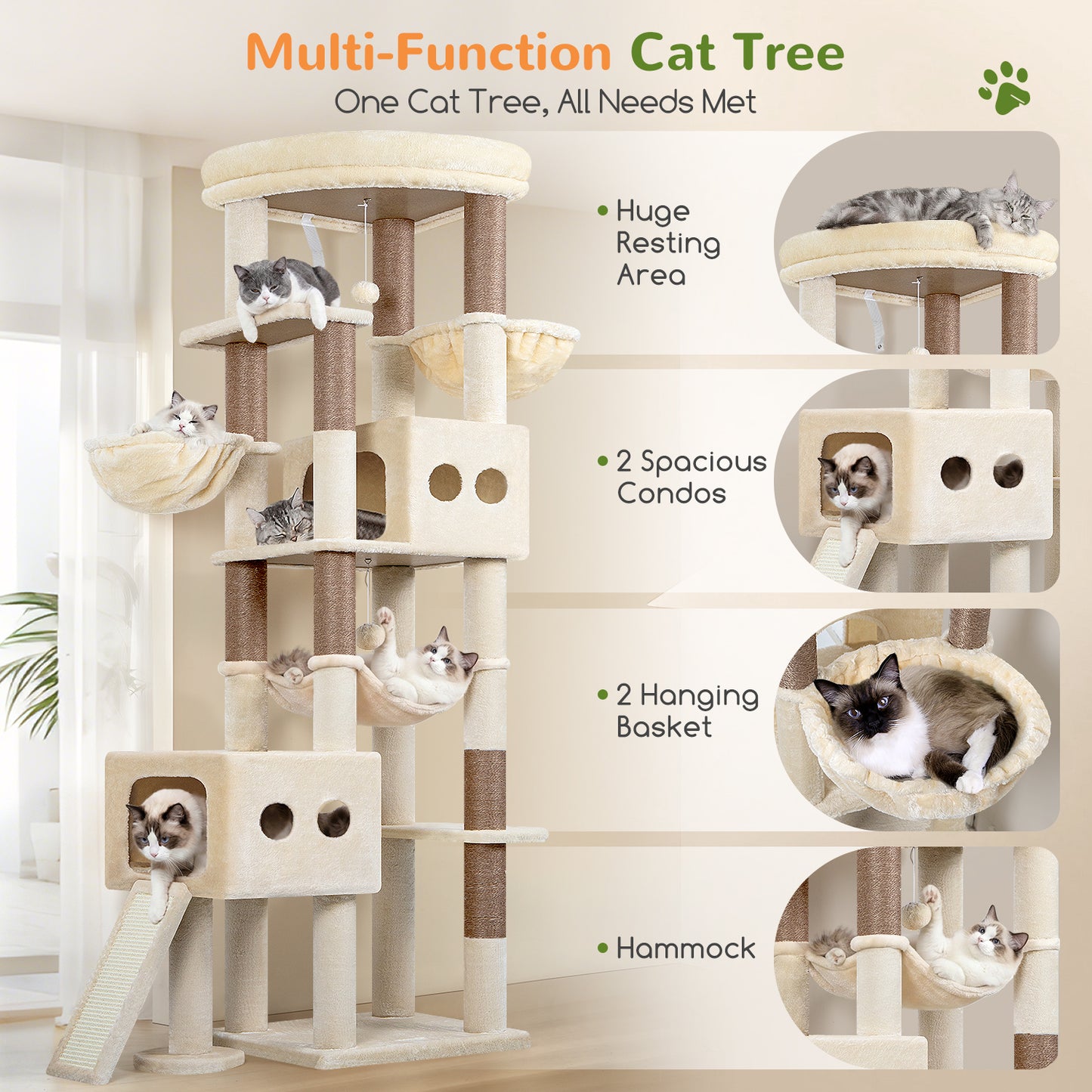 Globlazer Cat Tower for Large Cats, 81 inch Cat Tree for Indoor Cats Large Adult, Tall Cat Tower with 2 Condos, 2 Baskets, Hammock, Large Perch, 8 Sisal Posts, Scratching Board, S81G, Beige