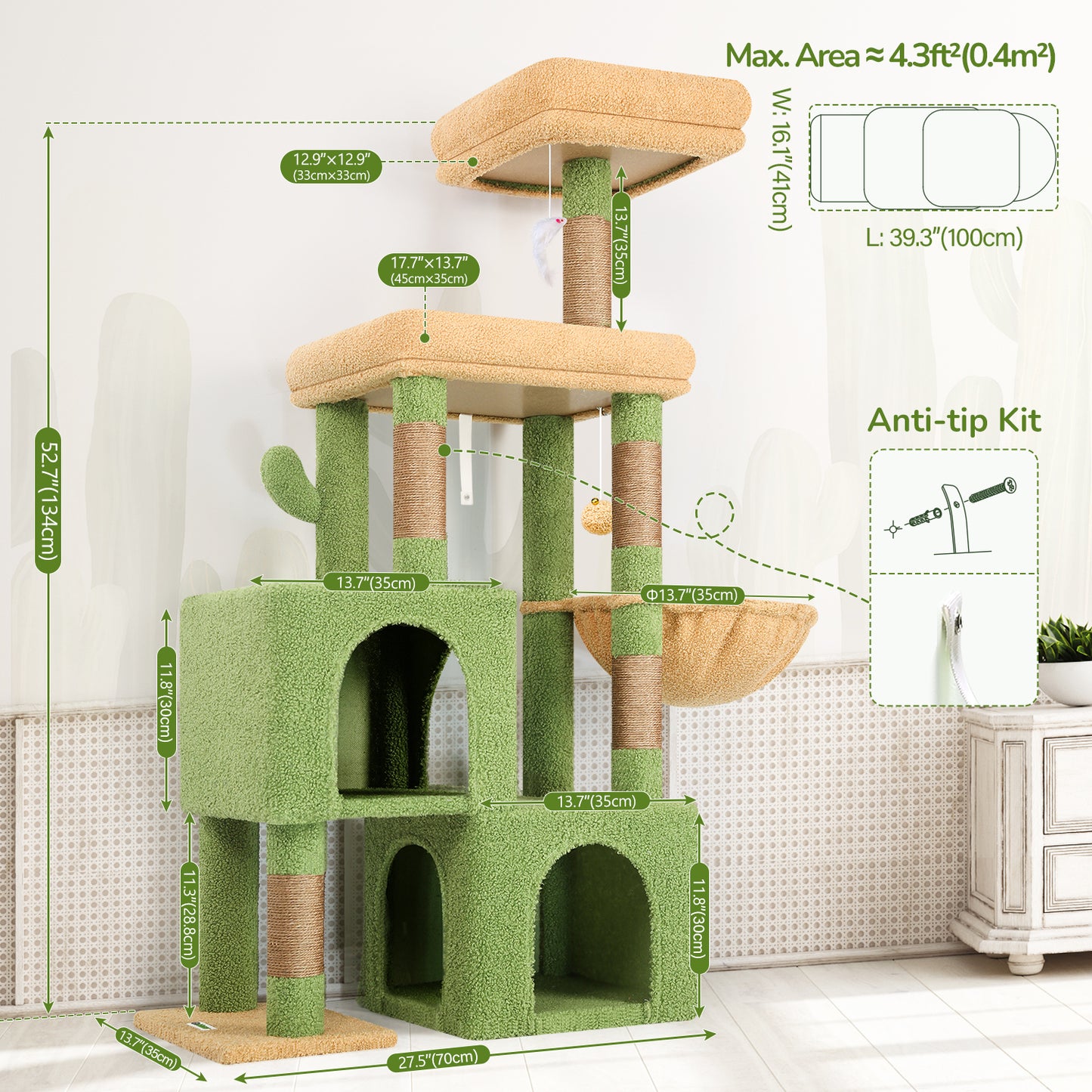 Globlazer Cactus Cat Tree Condo Tower for Indoor Cats, 52in Multi-Level Cat Scratching Tree with 2 Cat Condos, 5 Sisal Scratching Posts, 2 Padded Perches, Sturdy Basket, Widened Base, S52, Green
