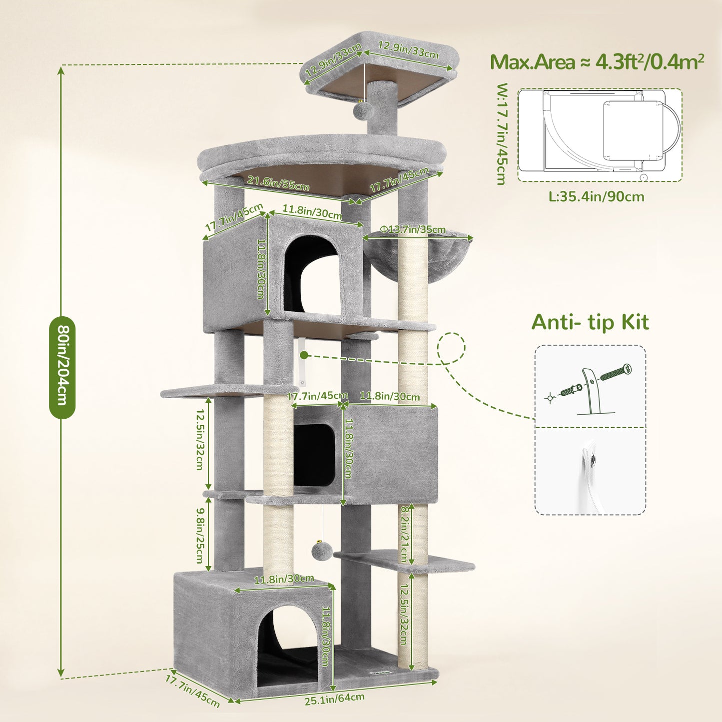 Globlazer Extra Large Cat Tree Tower for Indoor Cats Large Adult, 80in Tall Heavy Duty Cat Tree with 3 Spacious Cat Condos, Oversized Fan-Shaped Perch, 6 Full Sisal Scratching Posts, S80, Light Grey