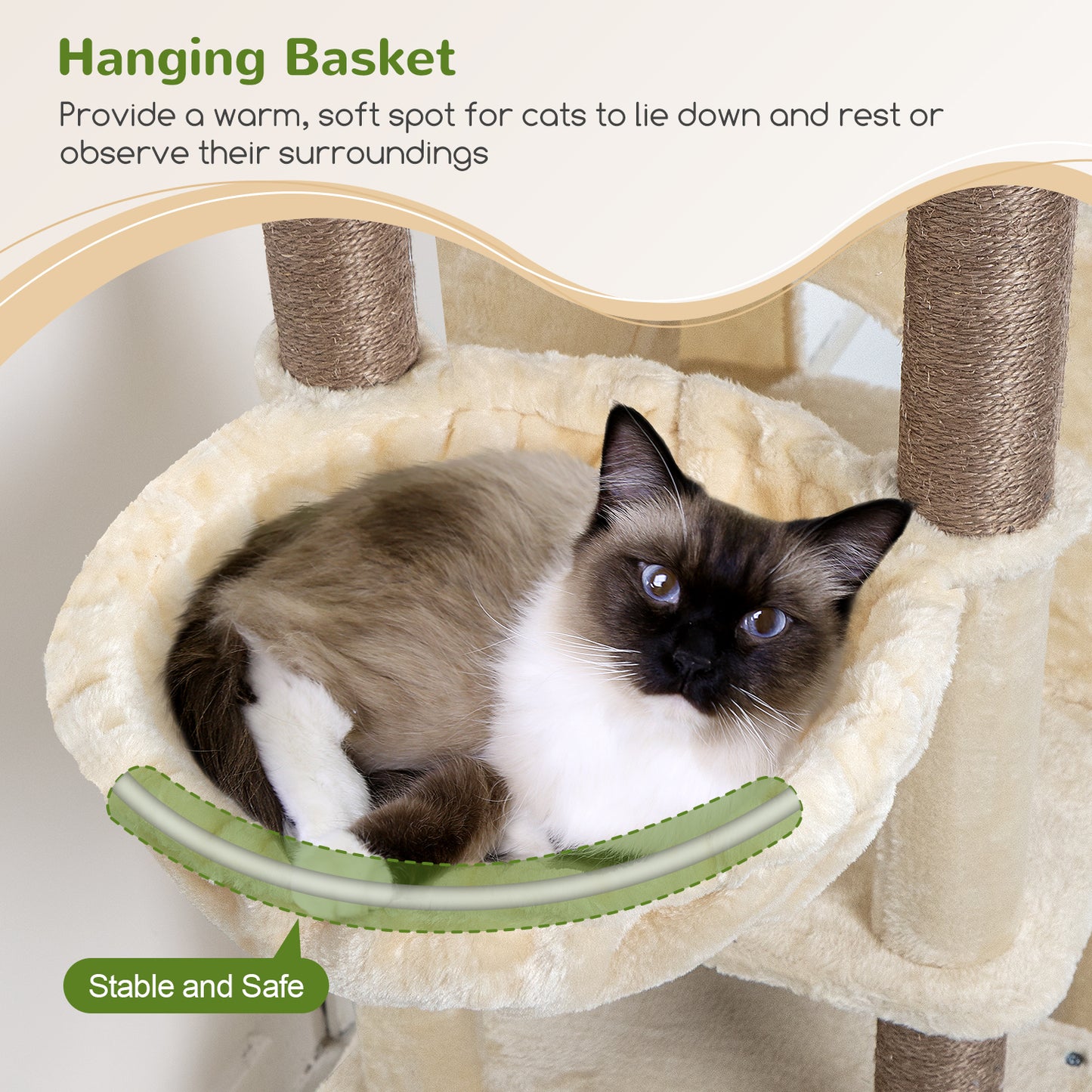 Globlazer Cat Tree Tall, 71 inches Cat Tower for Indoor Adult Cats Multi-Level 3 Condos for Indoor Cats XL Cat Tree Tower with Scratching Posts, Soft Extra Large Hanging Basket, F71, Beige