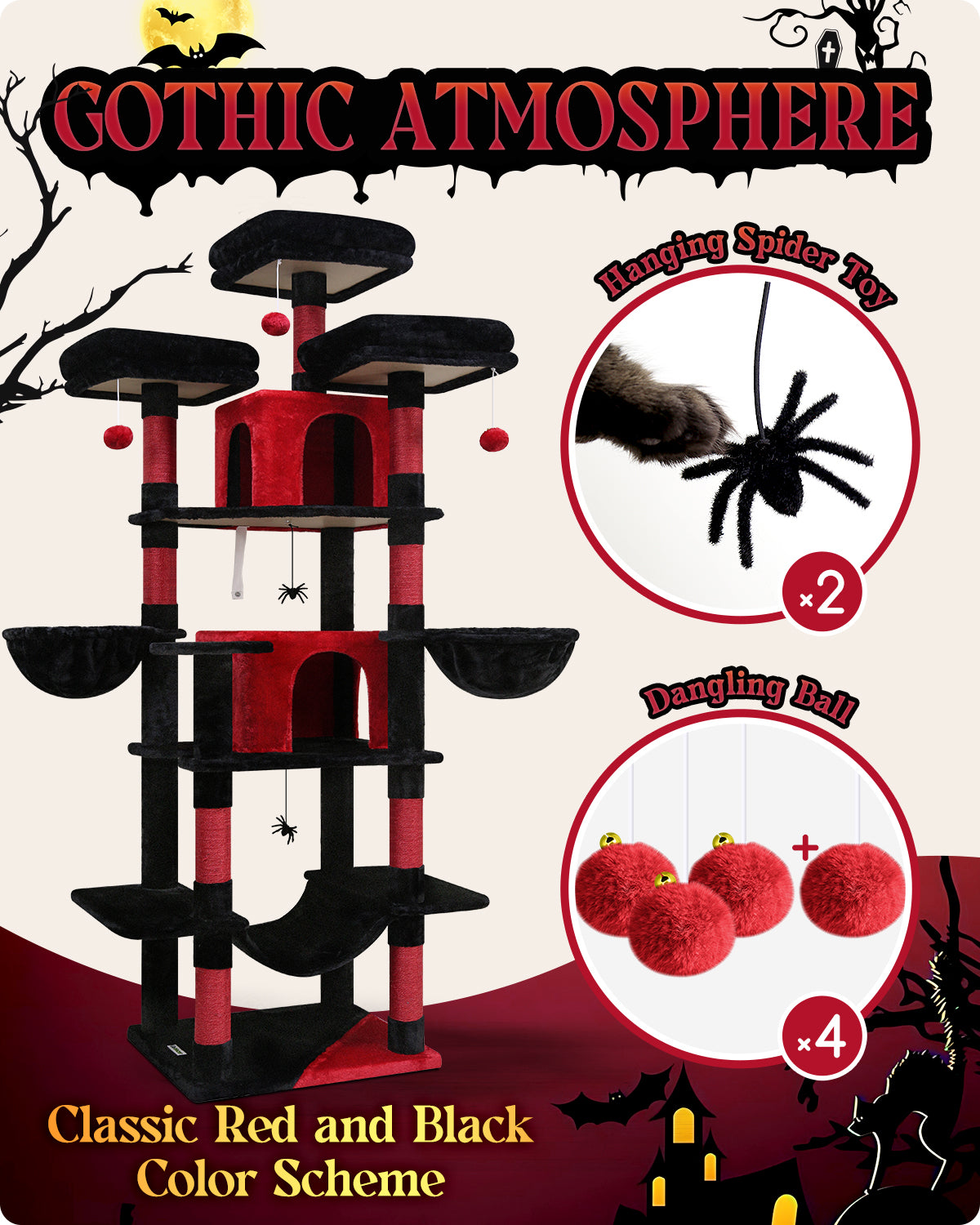 Globlazer Gothic Cat Tree, 80inch Goth Cat Tower for Indoor Cats Multiple Adult Cats XXL Cat Tree Large Cat Tower with Scratching Post, Hammock, 3 Perches, 2 Condos, 2 Hanging Basket, F80, Black Red