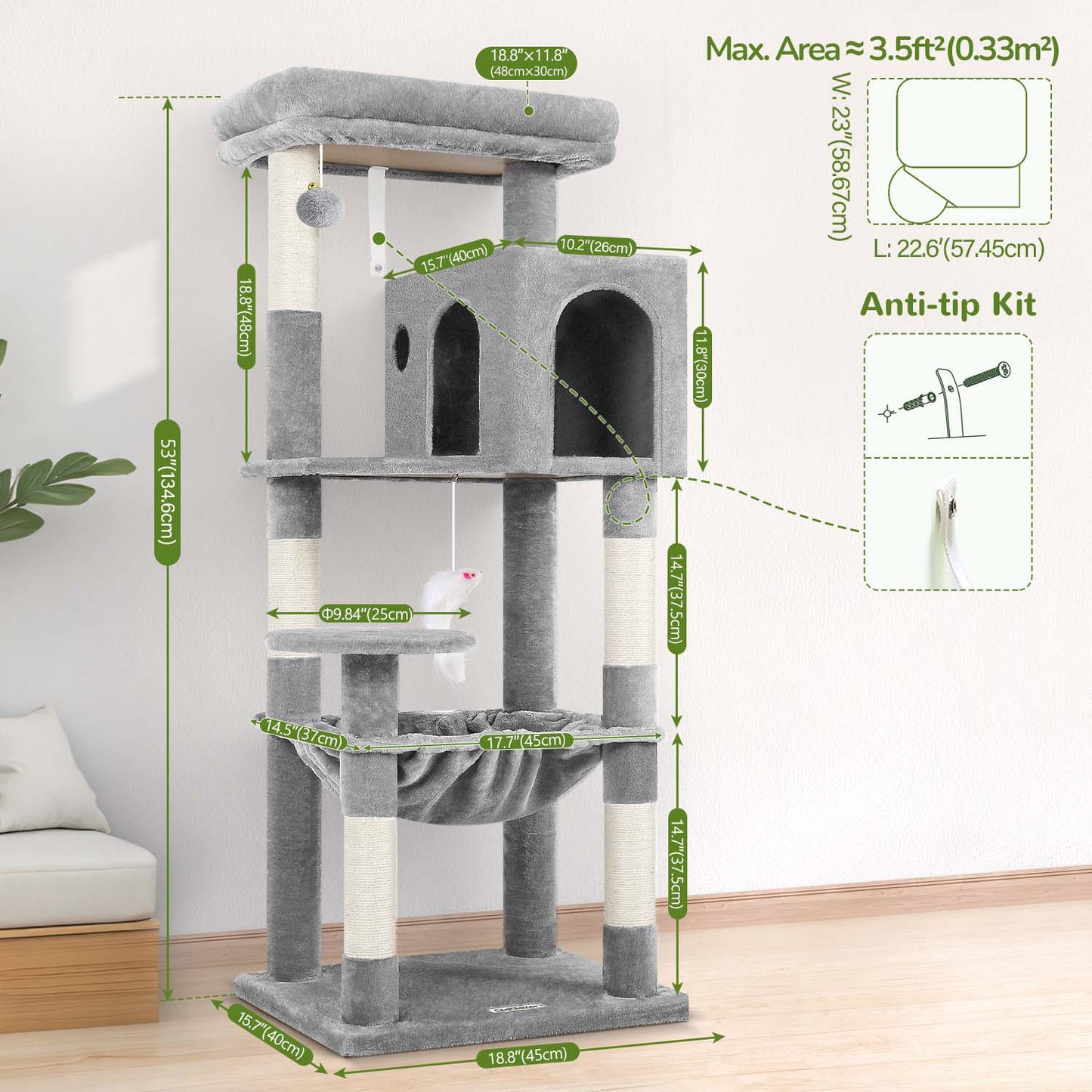 Globlazer Cat Tree Tower with 5 Scratching Post for Indoor Cats, 53inch Tall Plush Multi-Level Cat Climbing Tower Condo House with Large Hammock, Spacious Cat Cave, Padded Top Perch, F53, Light Gray