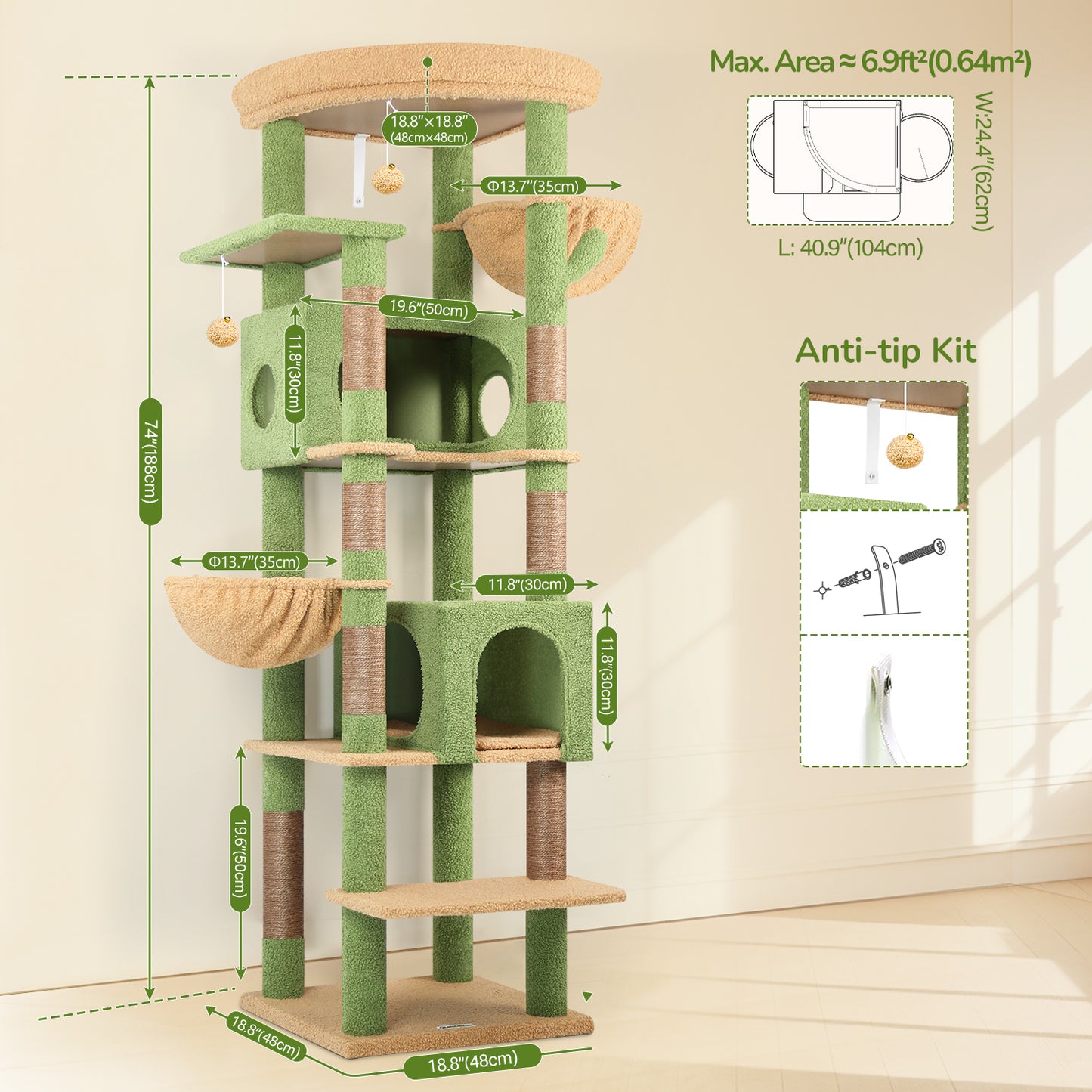Globlazer Large Cactus Cat Tree Tower for Indoor Cats, 74in Tall Cat Tree for Large Cats Adult with 5 Scratching Posts, 2 Spacious Condo Houses, 2 Big Hanging Baskets, Enlarged Perch, S74, Dark Grey