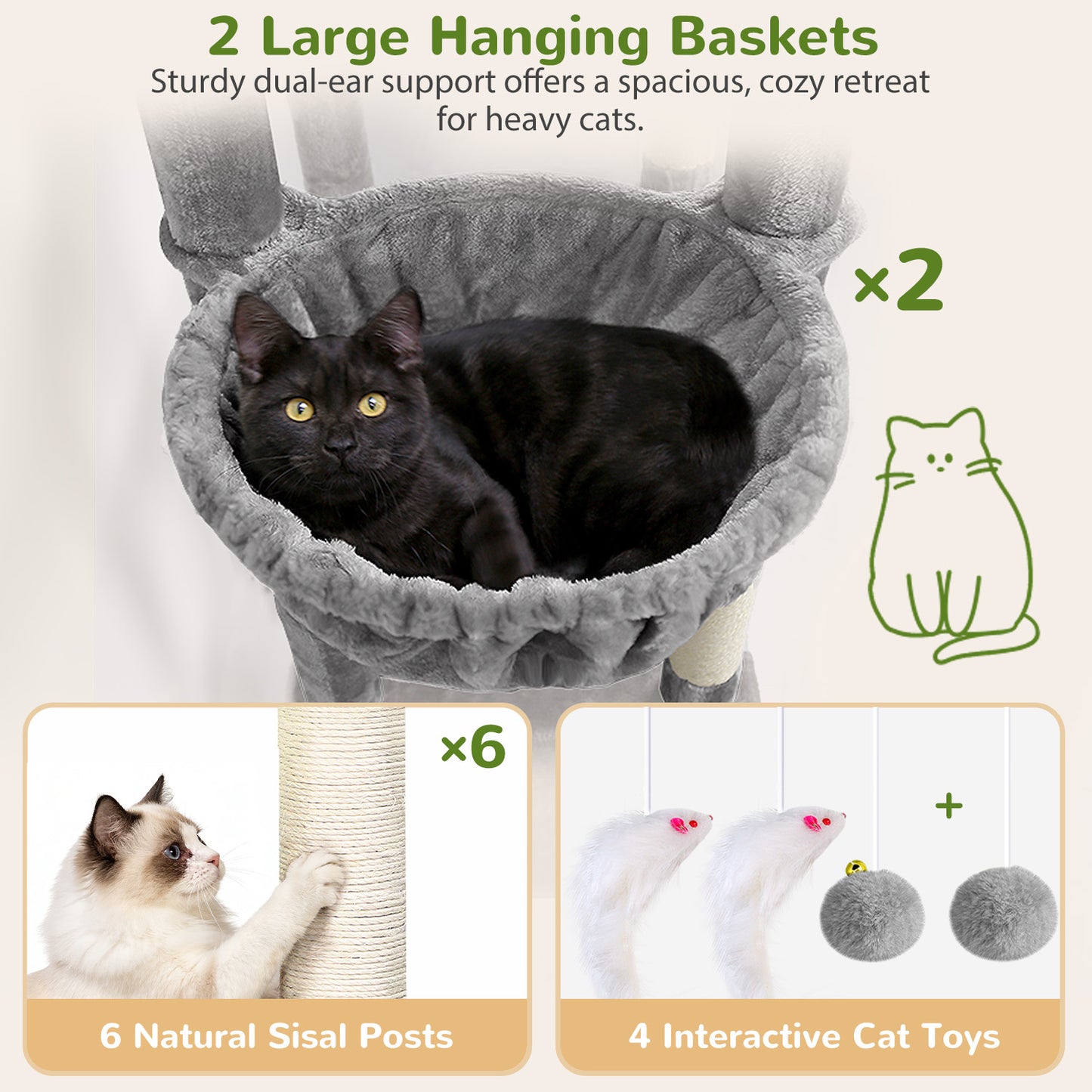 Globlazer 75in Sturdy Cat Tree for Large Cats, Heavy Duty Multi-Level Cat Tower for Indoor Cats with Extended Platform, 2 Spacious Condos, 2 Padded Perches, 6 Sisal Scratching Posts, S75, Light Grey