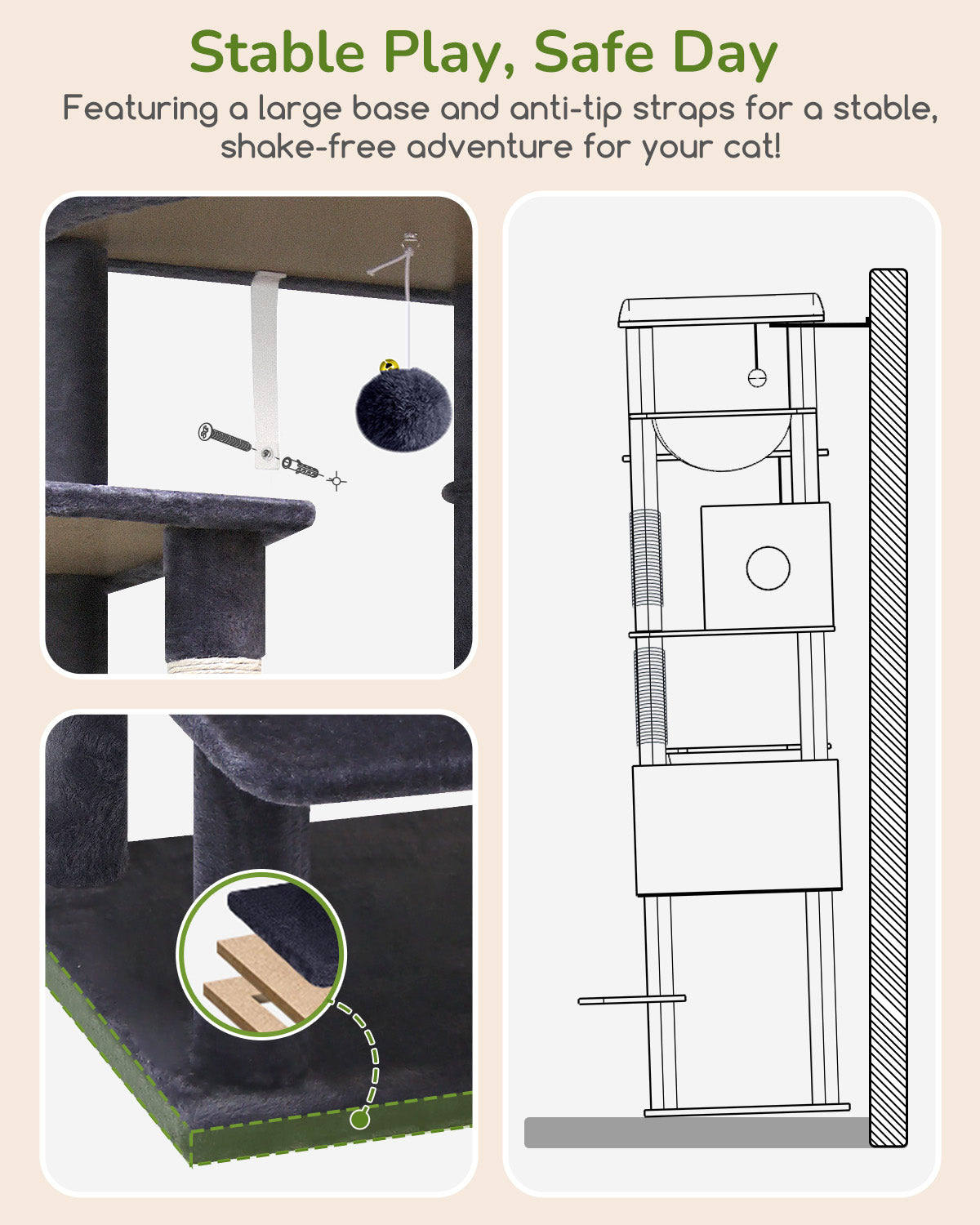 Globlazer Extra Large Cat Tree Tower for Indoor Cats, 74inch Tall Cat Tree Tower for Large Cats Adult with 5 Scratching Posts, 2 Spacious Condos, 2 Big Hanging Baskets, Enlarged Perch, S74, Dark Grey