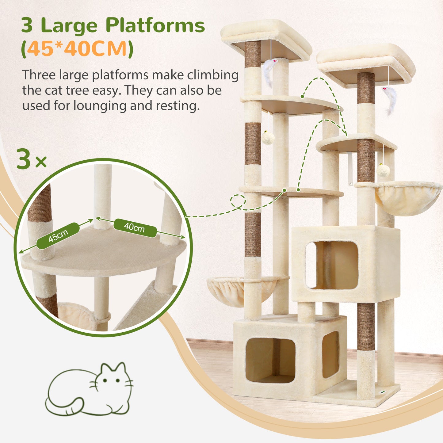 Globlazer 74In Sturdy Cat Tree for Large Cats, Heavy Duty Multi-Level Tall Cat Tree Tower for Multiple Indoor Adult Cats with Scratching Posts, 2 Cat Condos, 2 Top Perches, S74E, Beige