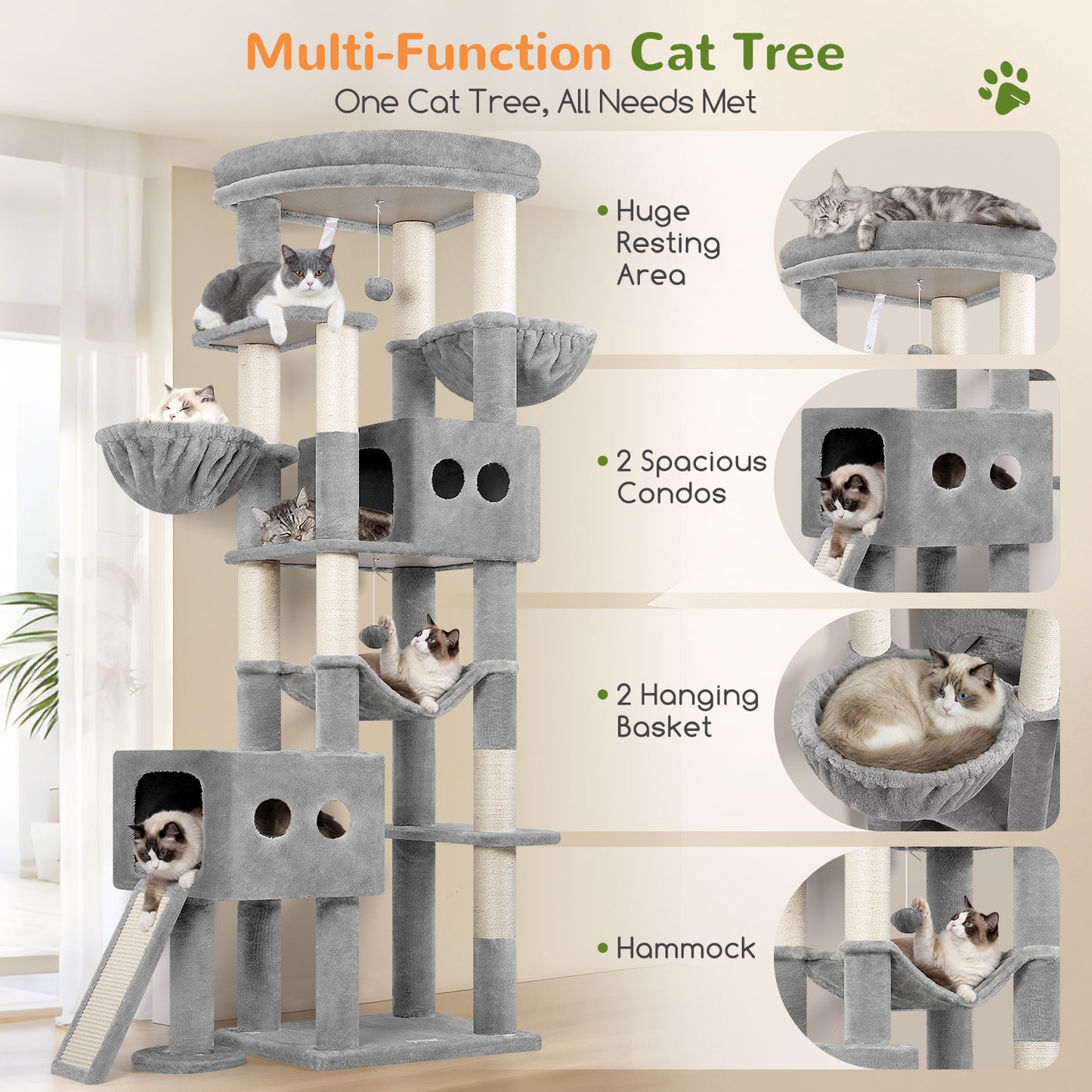 Globlazer Cat Tower for Large Cats, 81 inch Cat Tree for Indoor Cats Large Adult, Tall Cat Tower with 2 Condos, 2 Baskets, Hammock, Large Perch, 8 Sisal Posts, Scratching Board, S81G, Light Grey