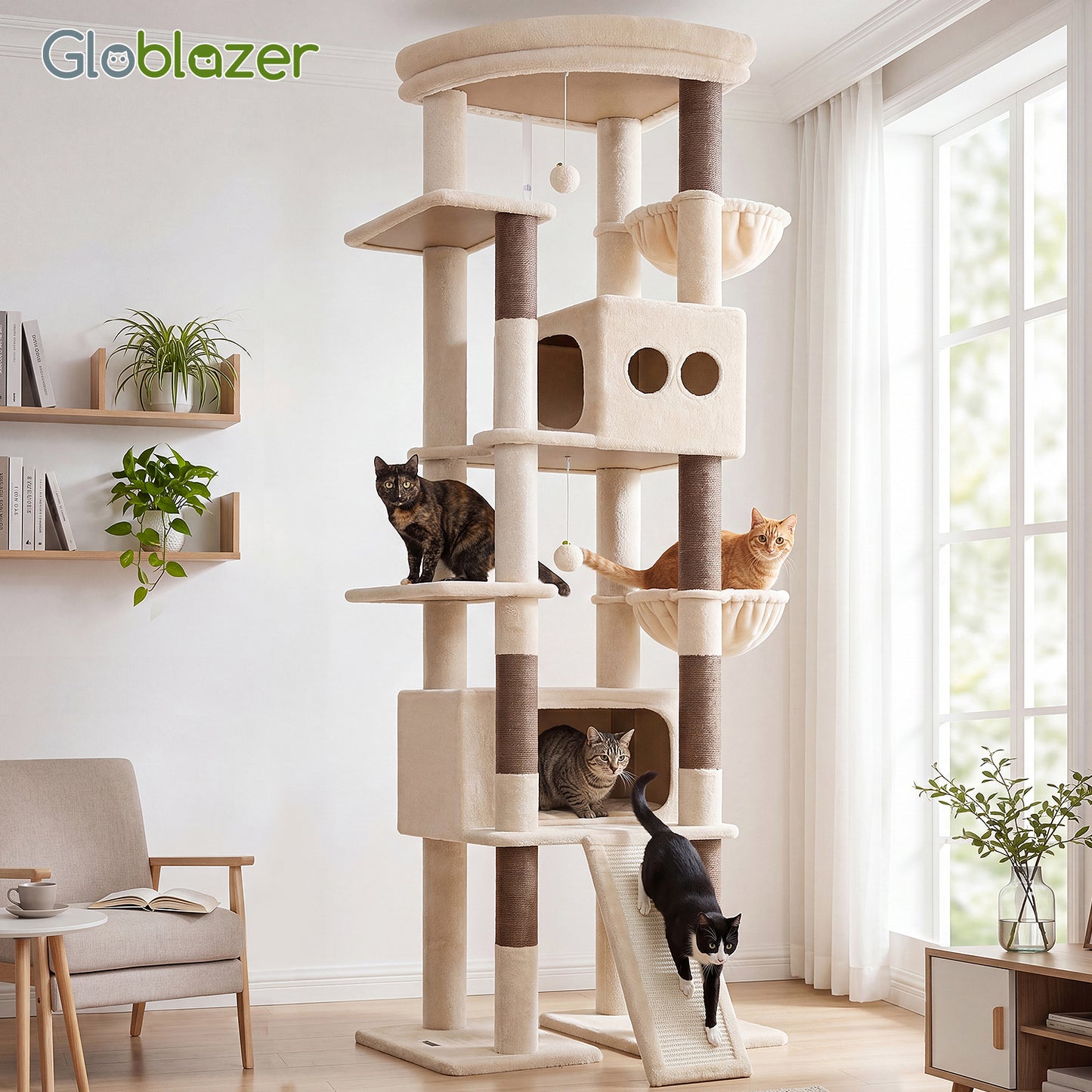 Globlazer Extra Tall Large Cat Tree, 84in Multi-Level Cat Climbing Tower for Indoor Cats Large Adult, Widened Condo with Scratch Board, 7 Scratching Posts, Padded Perch, Metal Basket, S84E, Beige
