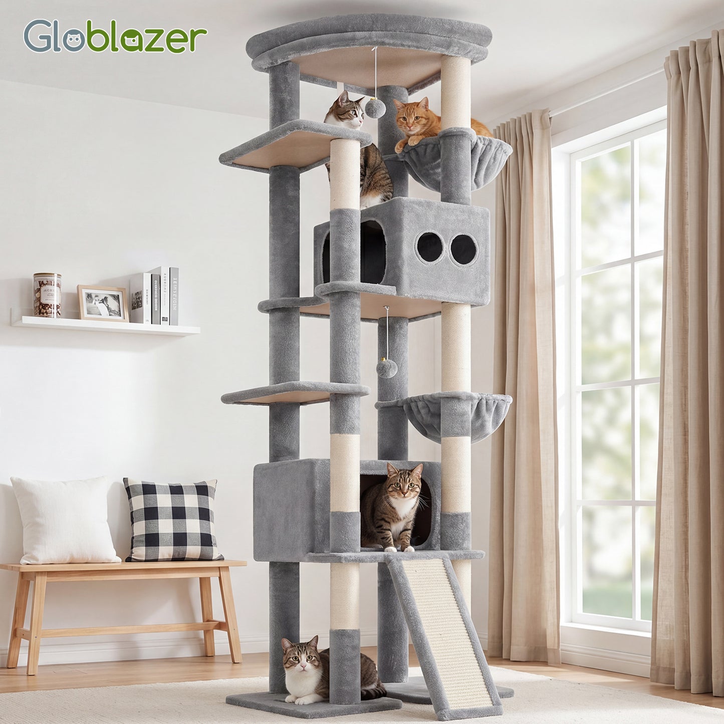 Globlazer Extra Tall Large Cat Tree, 84in Multi-Level Cat Climbing Tower for Indoor Cat Large Adult, Widened Condo with Scratch Board, 7 Scratching Posts, Padded Perch, Metal Basket, S84E, Light Grey