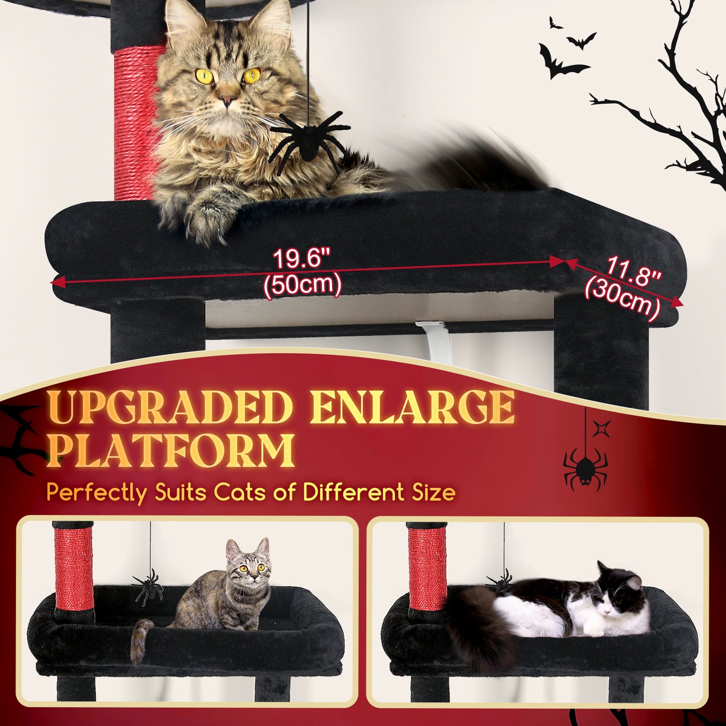 Globlazer Gothic Cat Tree, 62in Goth Cat Tower Kitty Cat Climbing Tower with Large Platform for Indoor Cats, Scratching Posts, Cozy Caves, F62, Black